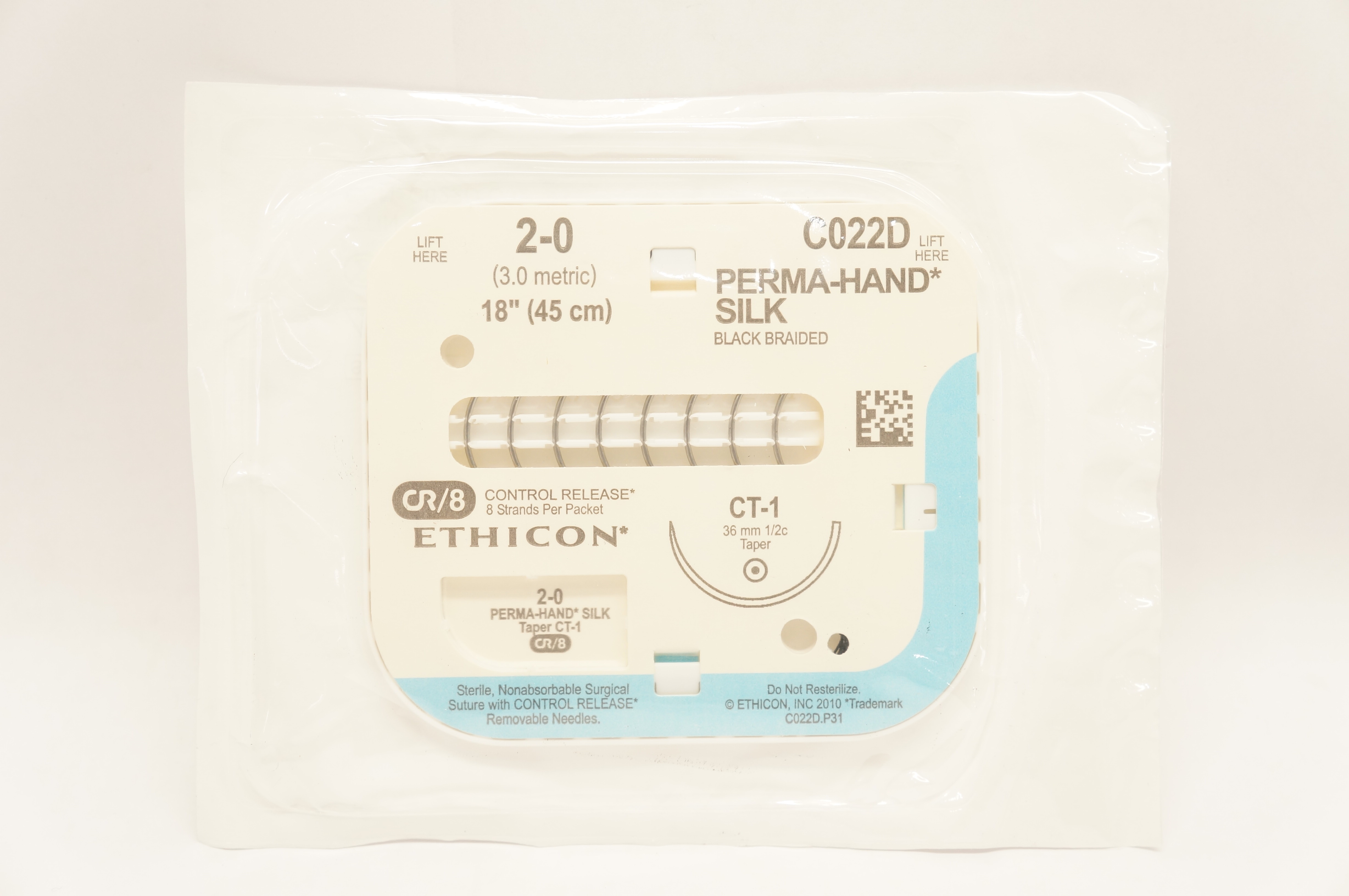 Ethicon C022D Perma-Hand Silk Black Braided 2-0 Taper CT-1, 2-0 18inch