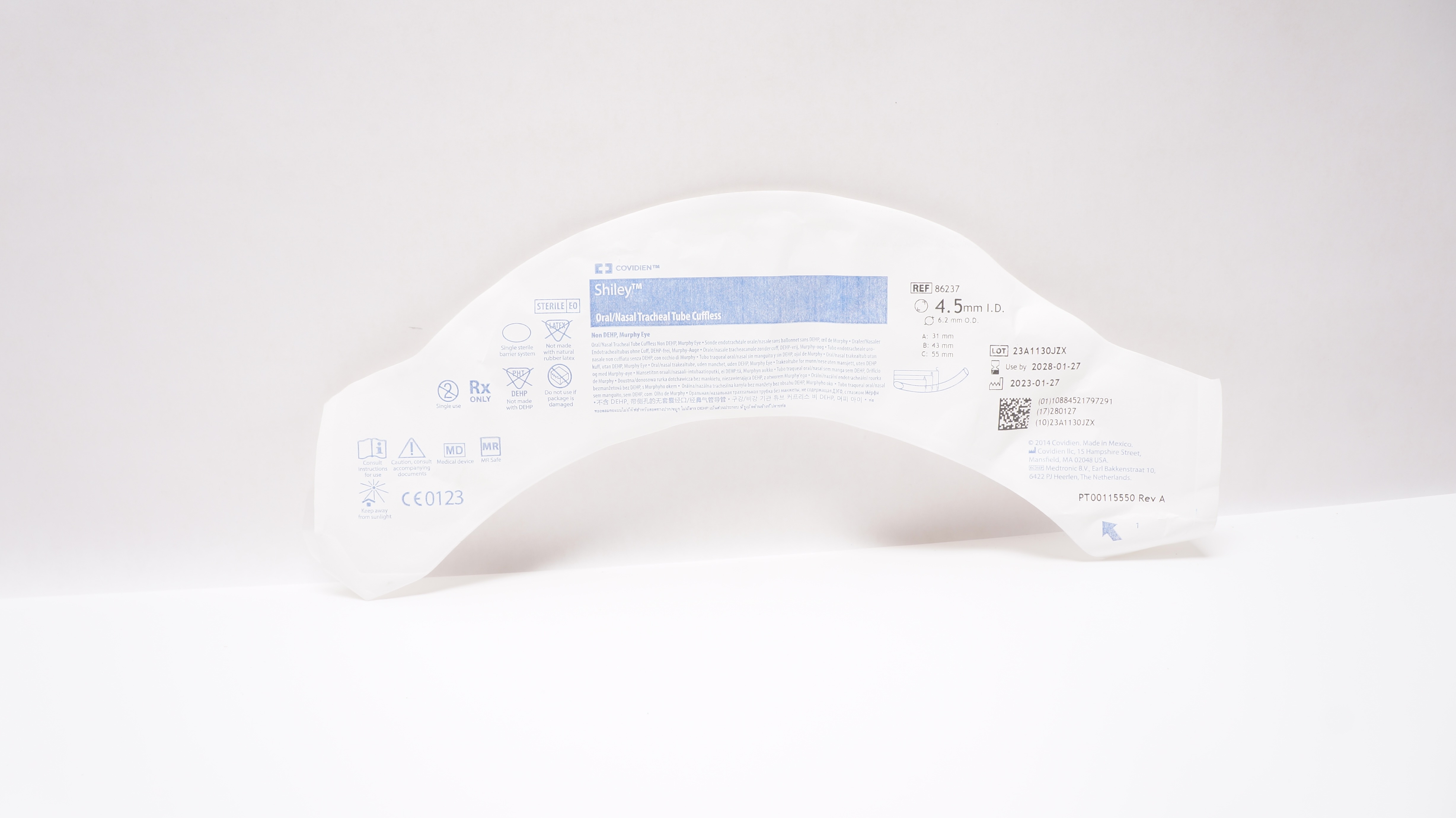 Covidien 86237 Shiley Oral/Nasal Tracheal Tube Cuffless 4.5mm ID x 6.2mm OD