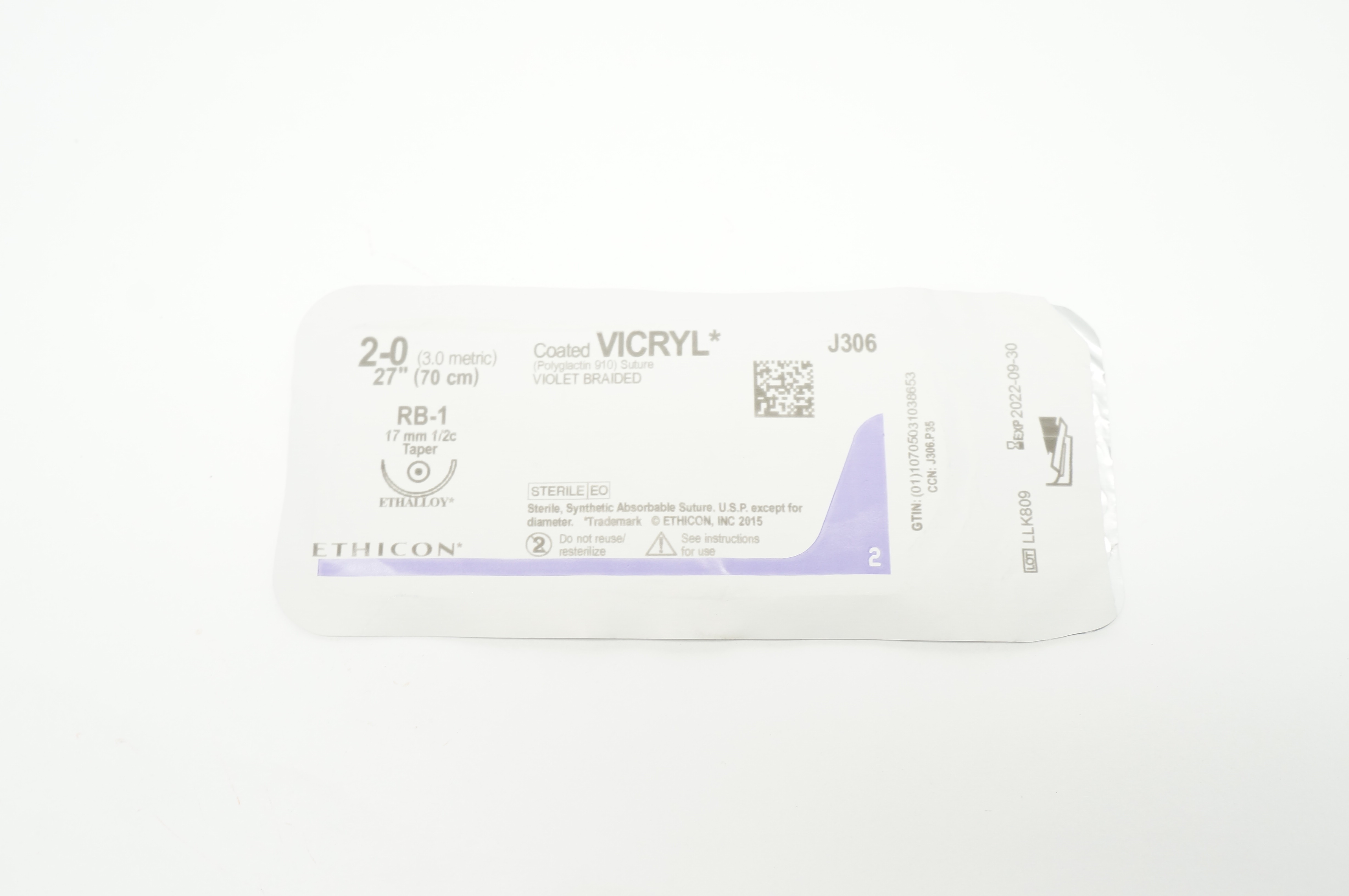 Ethicon J306 2-0 VICRYL RB-1 17mm 1/2c Taper 27inch