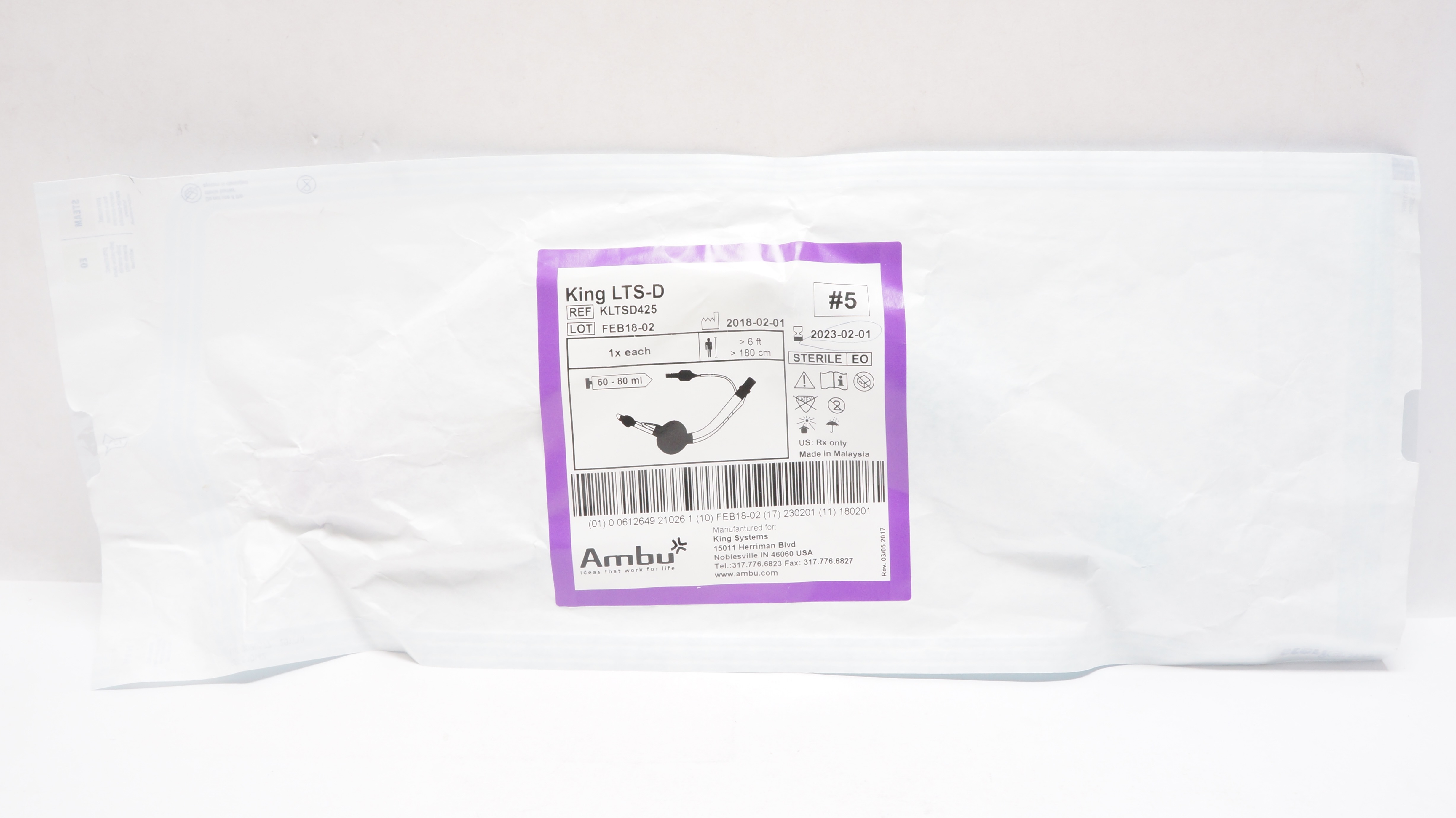 King Systems KLTSD425 Ambu King LTS-D >6 Ft. 60-80ml  #5 (x)