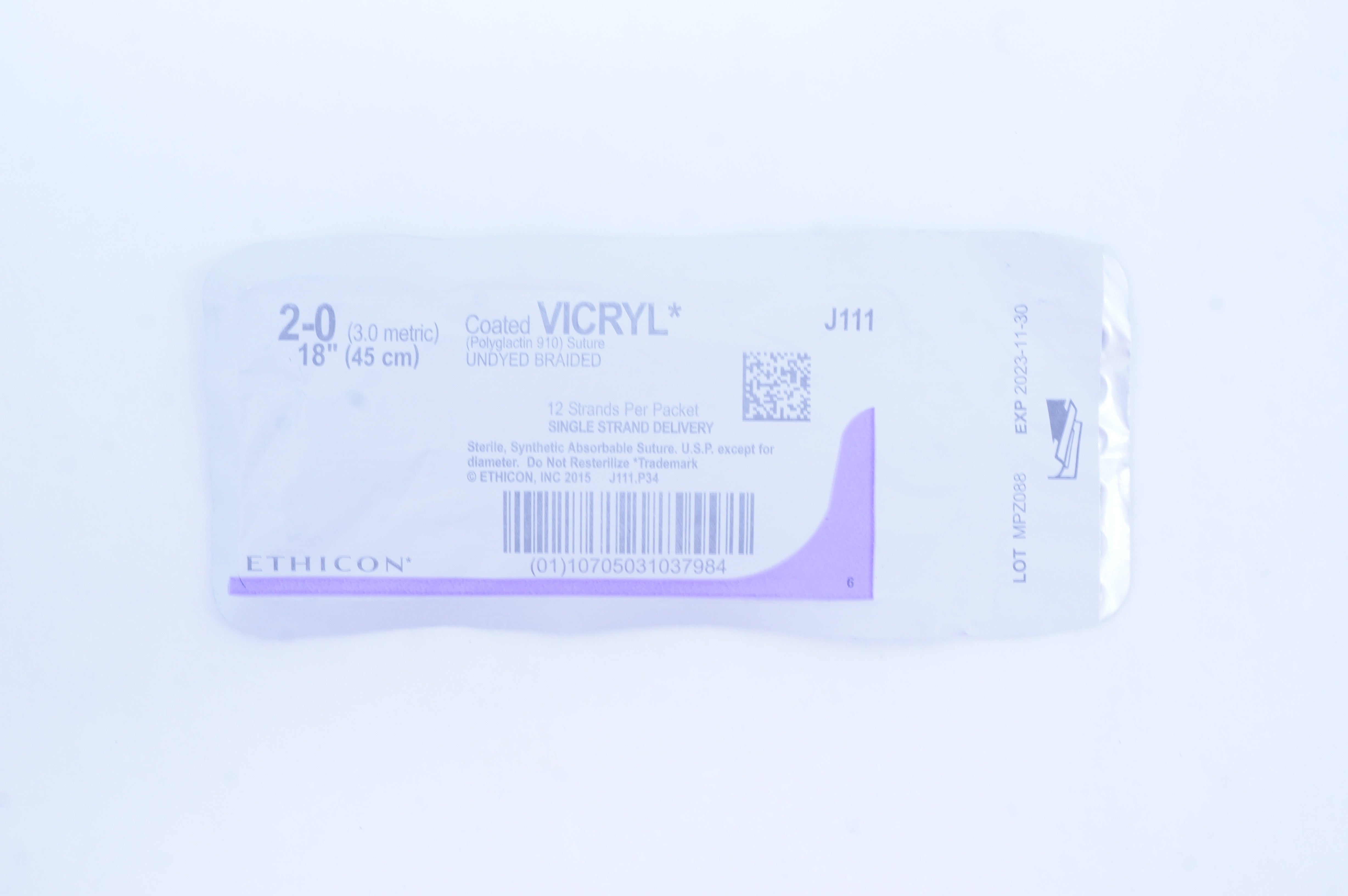 Ethicon J111 2-0 Coated VICRYL (Polyglactin 910) Stre 12 Strands, 18 inch
