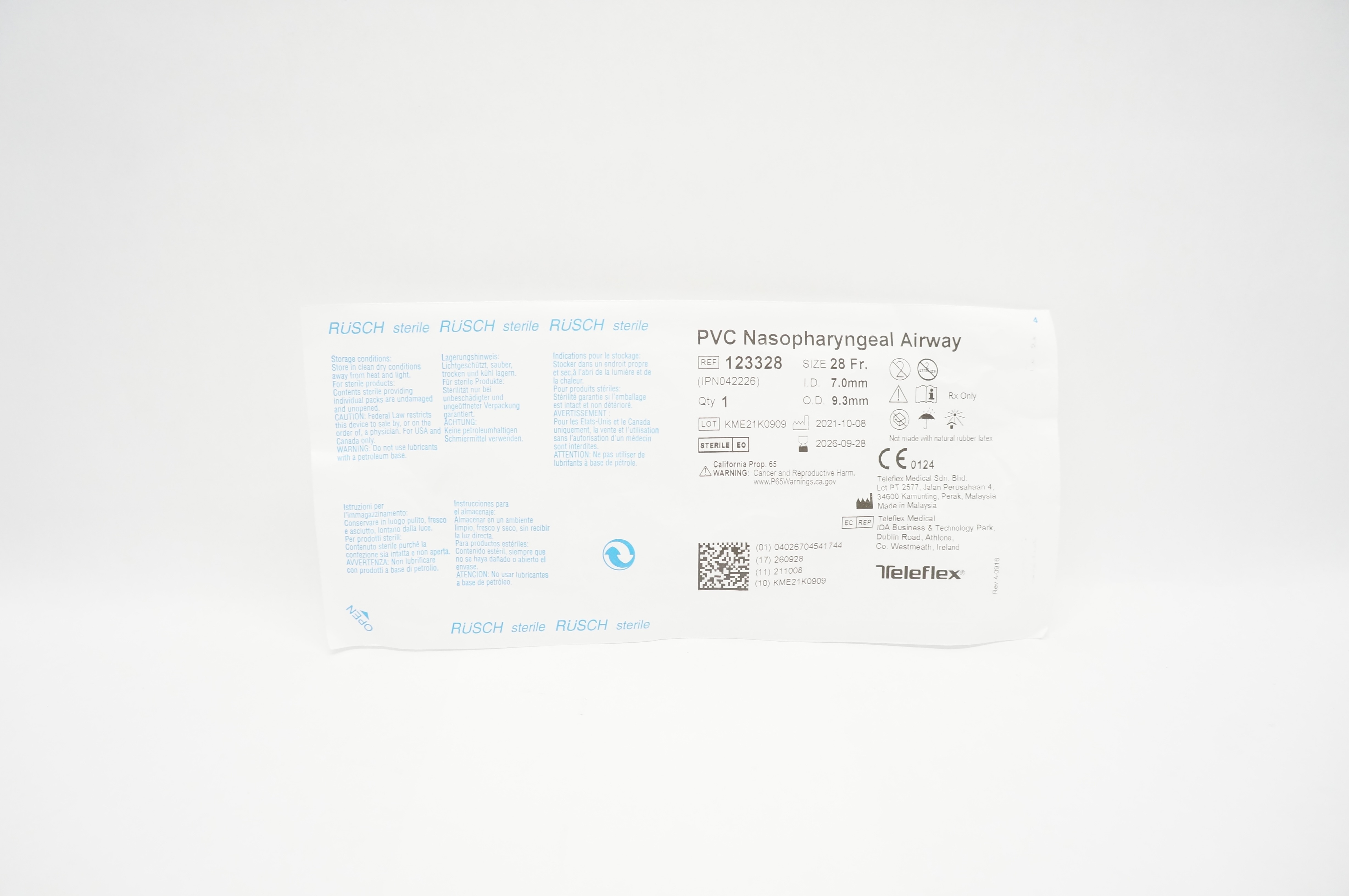 Teleflex 123328 Rusch PVC Nasopharyngeal Airway  28 Fr. 7.0mm I.D. x 9.3mm O.D.