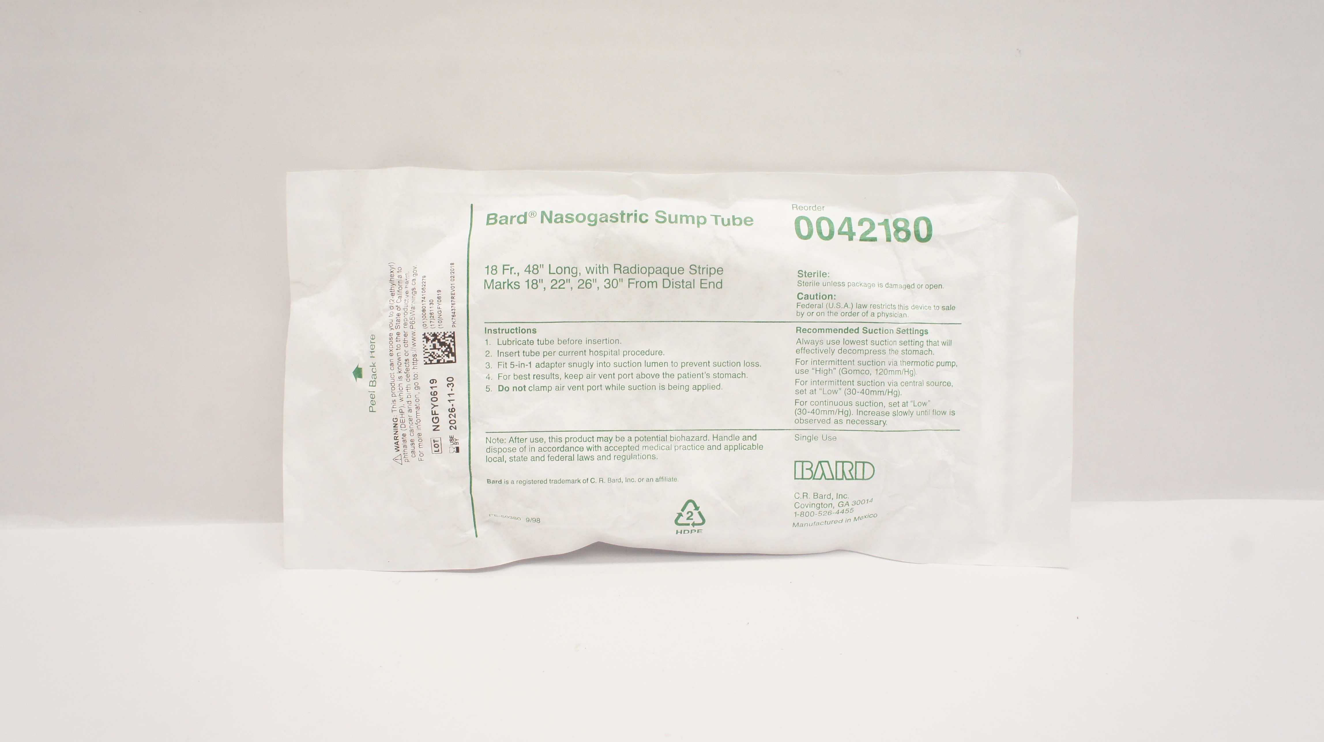 Bard 0042180 Nasogastric Sump Tube with Radiopaque Stripe Marks 18Fr. x 48Inch