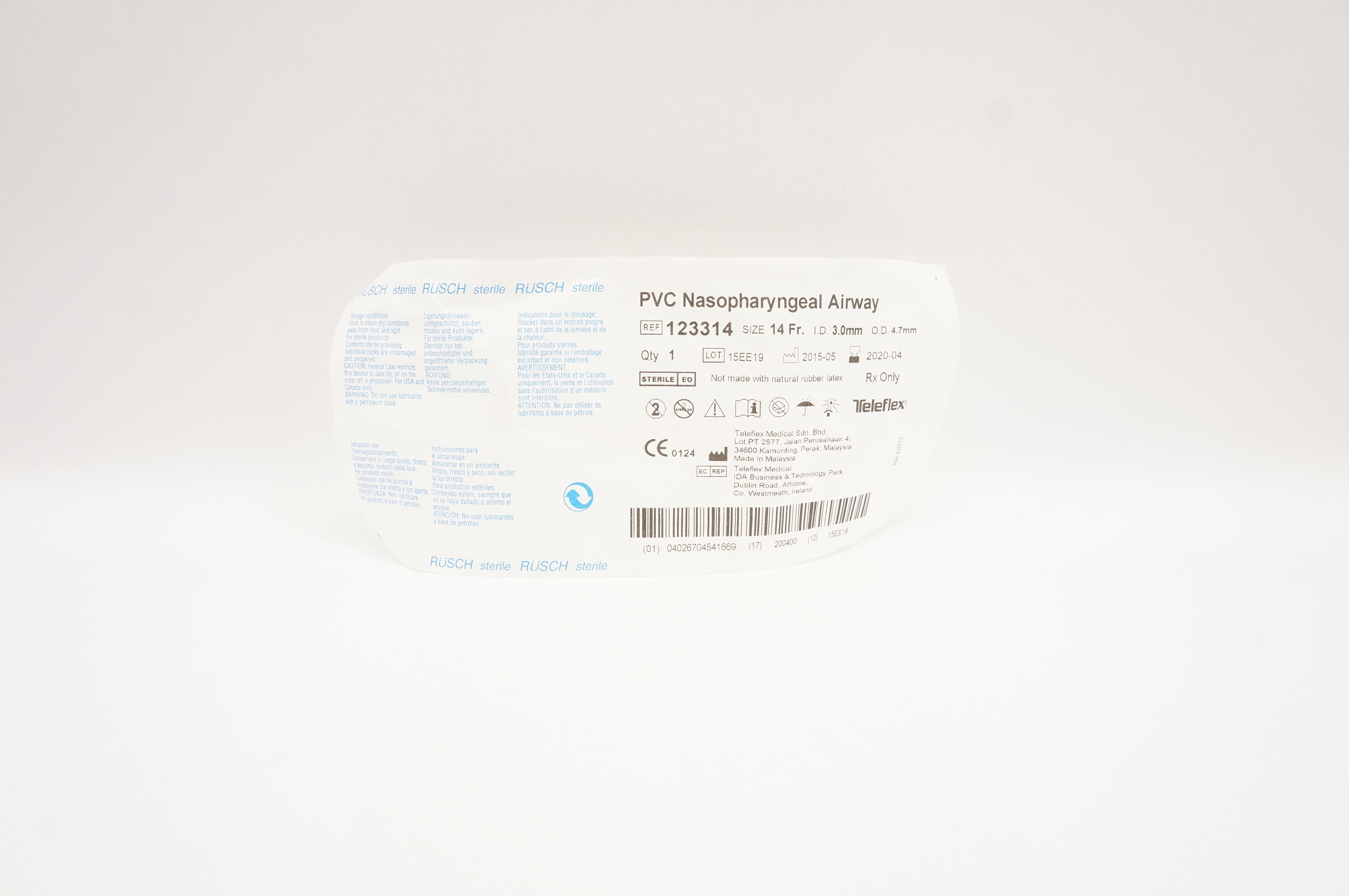 Teleflex 123314 Rusch PVC Nasopharyngeal Airway 14Fr x 3.0mm I.D x 4.7mm O.D (x)