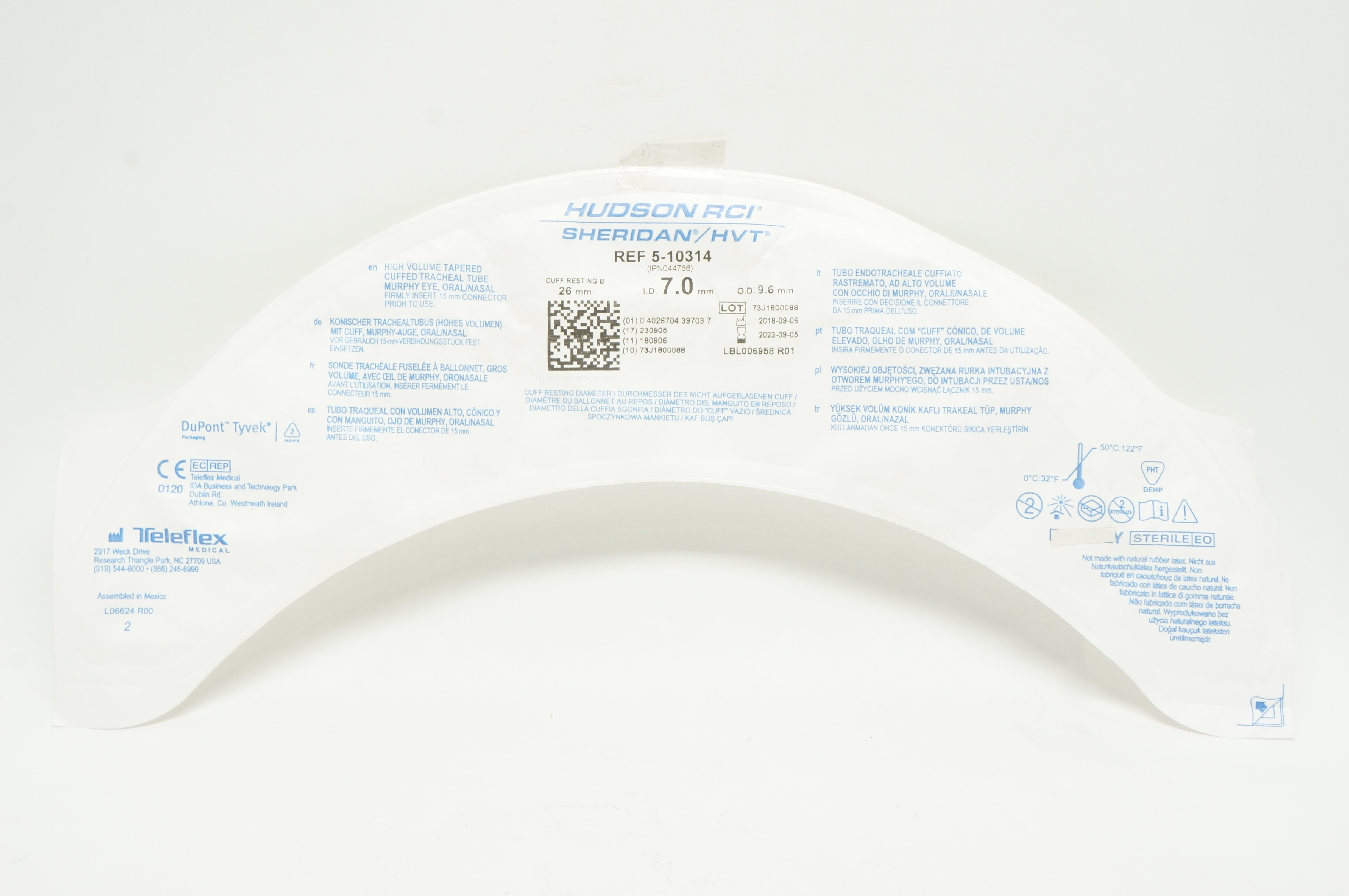 Teleflex 5-10314 Hudson RCI Sheridan HVT Cuffed Tracheal Tube 7.0 x 9.6 x 26mm