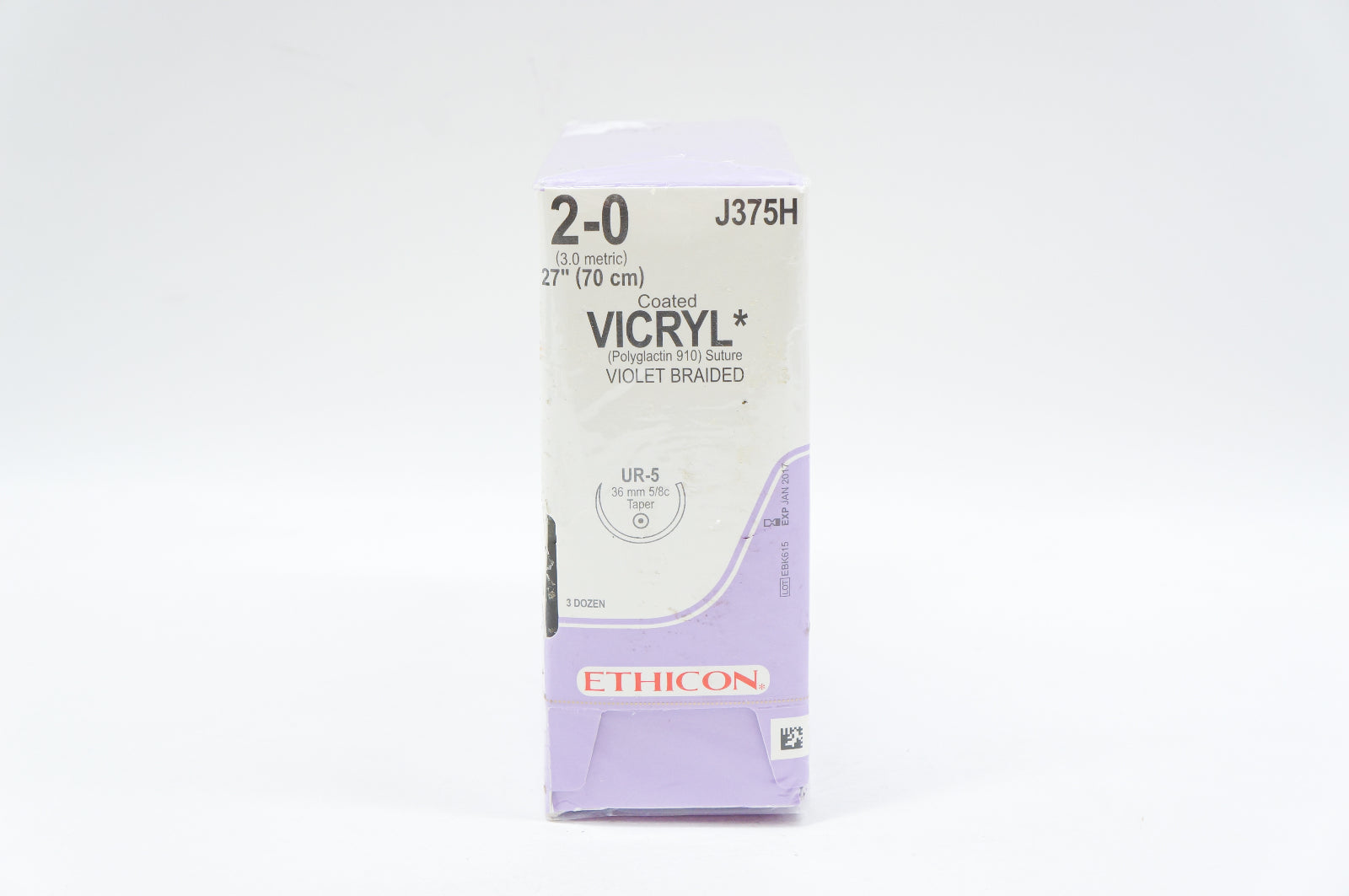Ethicon J375H 2-0 VICRYL, UR-5, 36mm 5/8c Taper, 27inch (x) - Box of 36