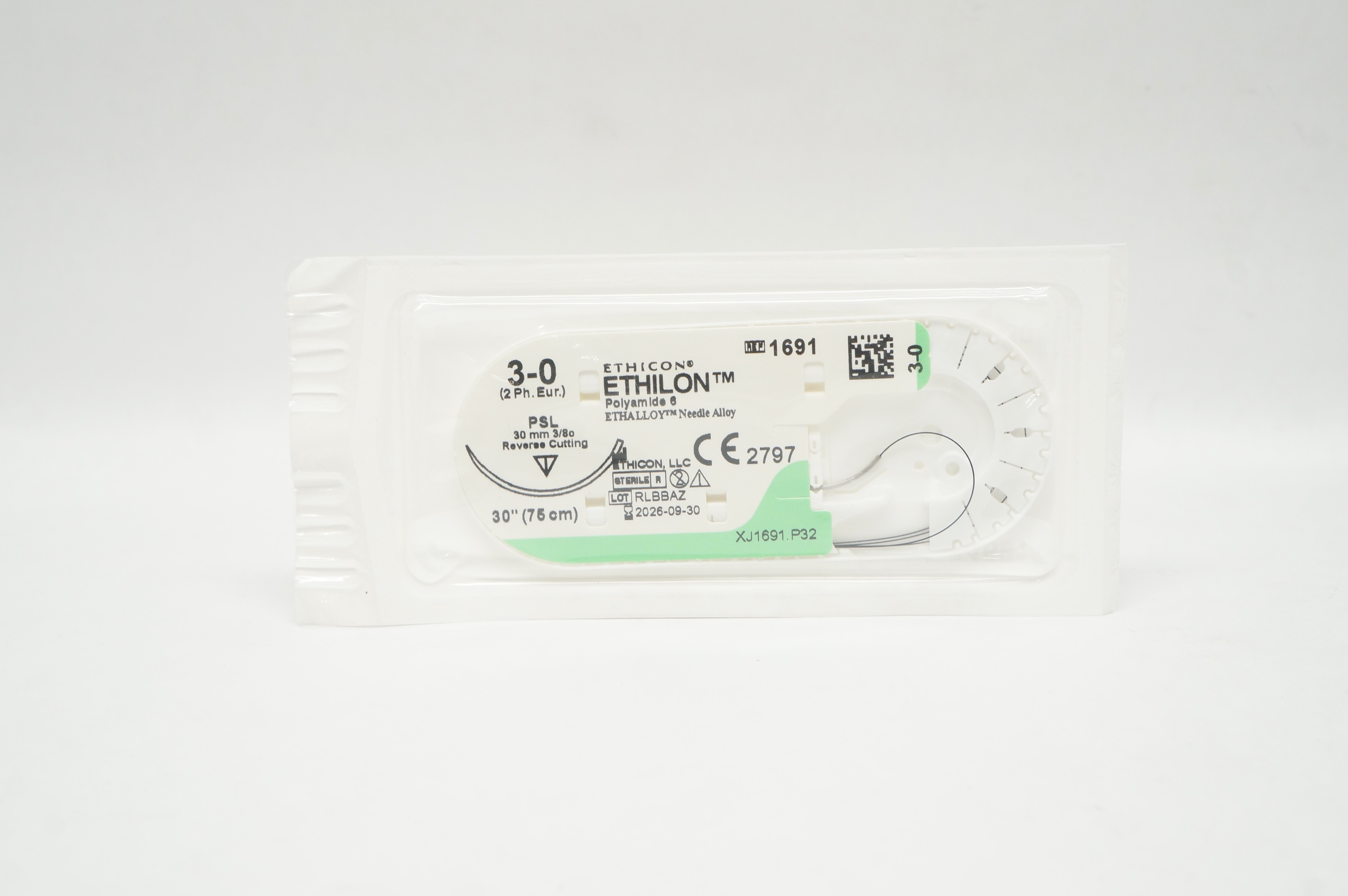 Ethicon 1691 3-0 ETHILON Polyamide 6 Stre PSL 30mm 3/8c Reverse Cutting, 30inch