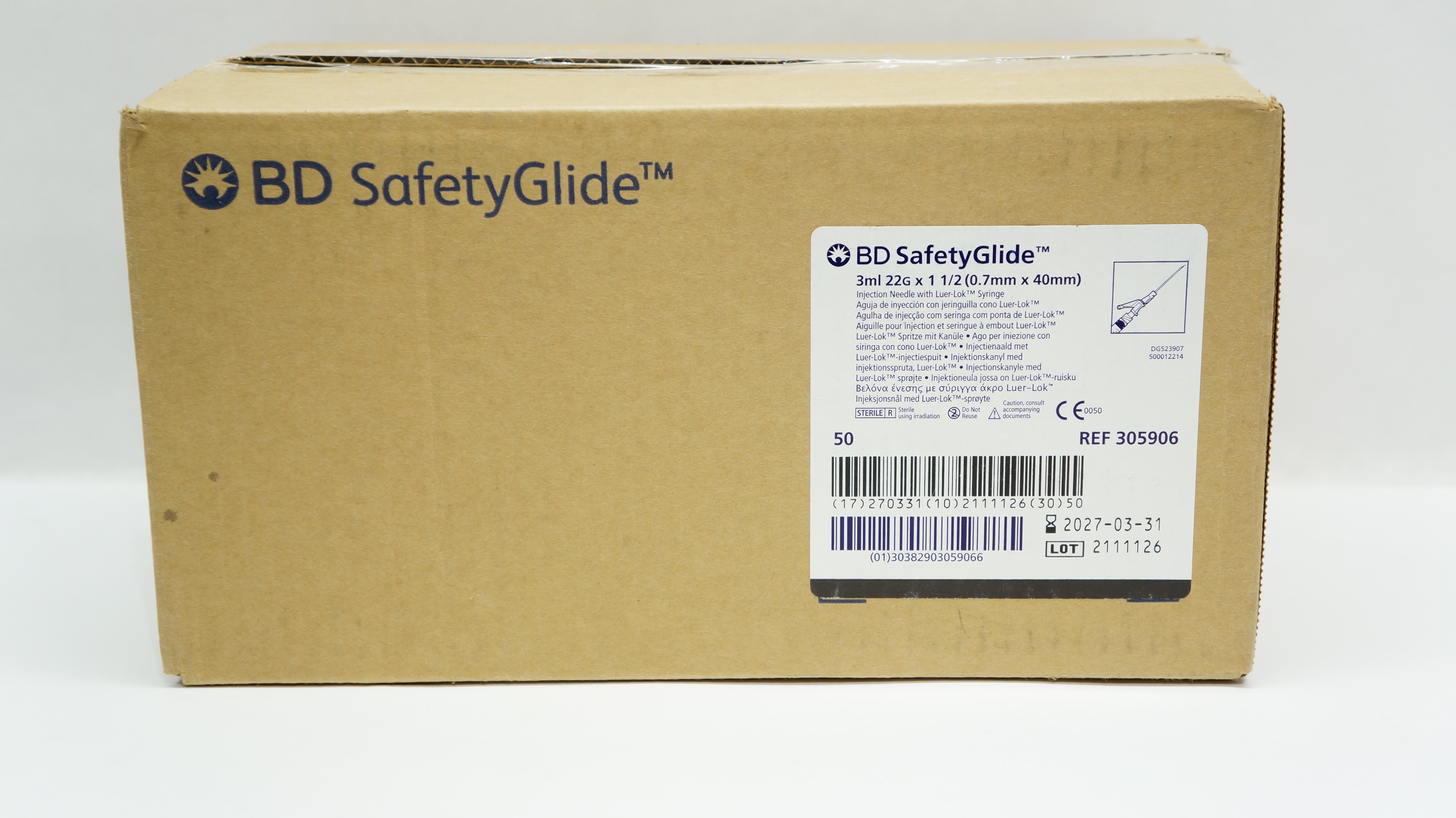 BD 305906 SafetyGlide Injection Ndle 3ml 22G x 1 1/2 - Box of 50