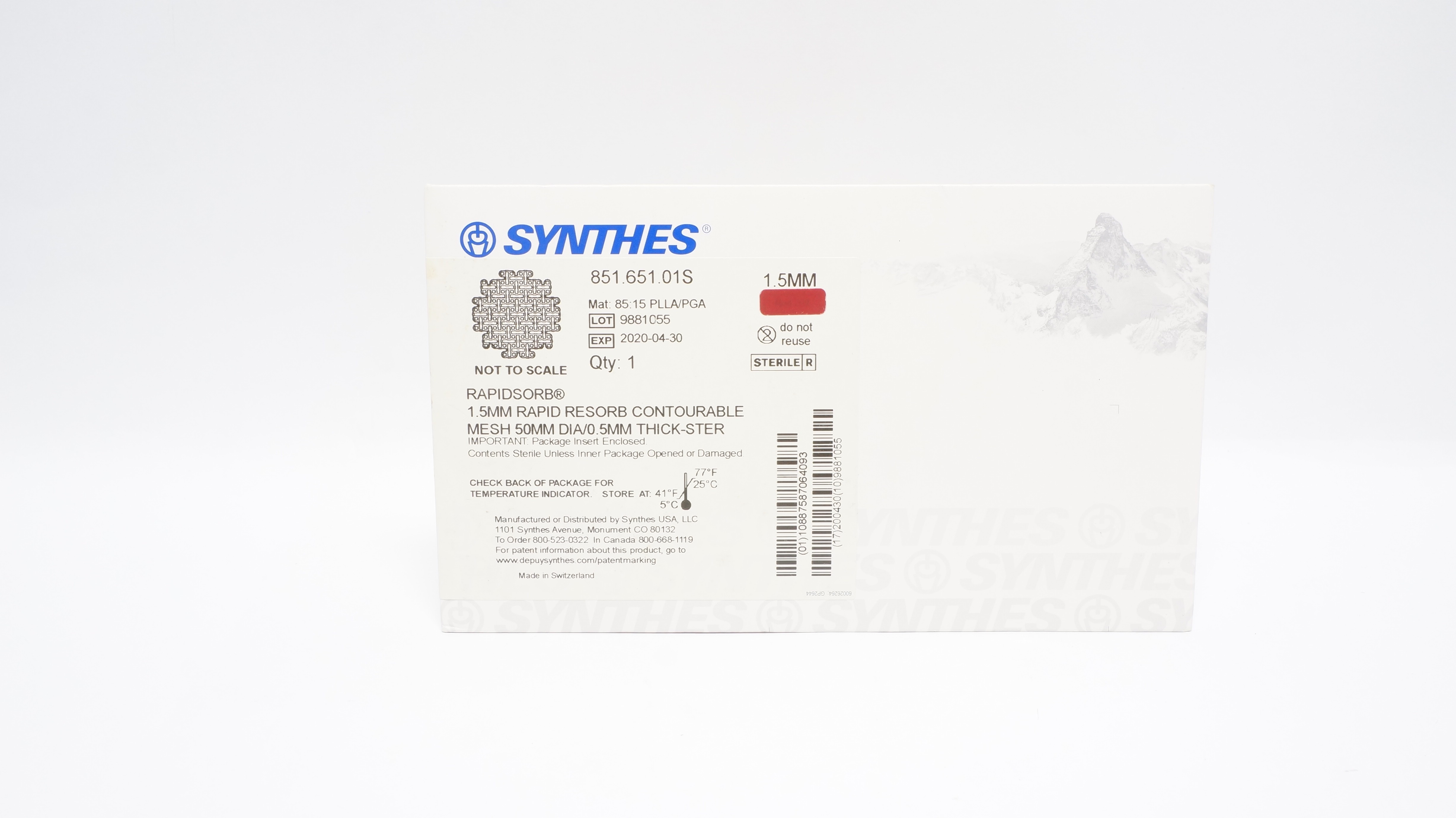 Synthes 851.651.01S 1.5mm Rapid Resorb Contourable Mesh 50mm/0.5mm Thick-Ster(x)