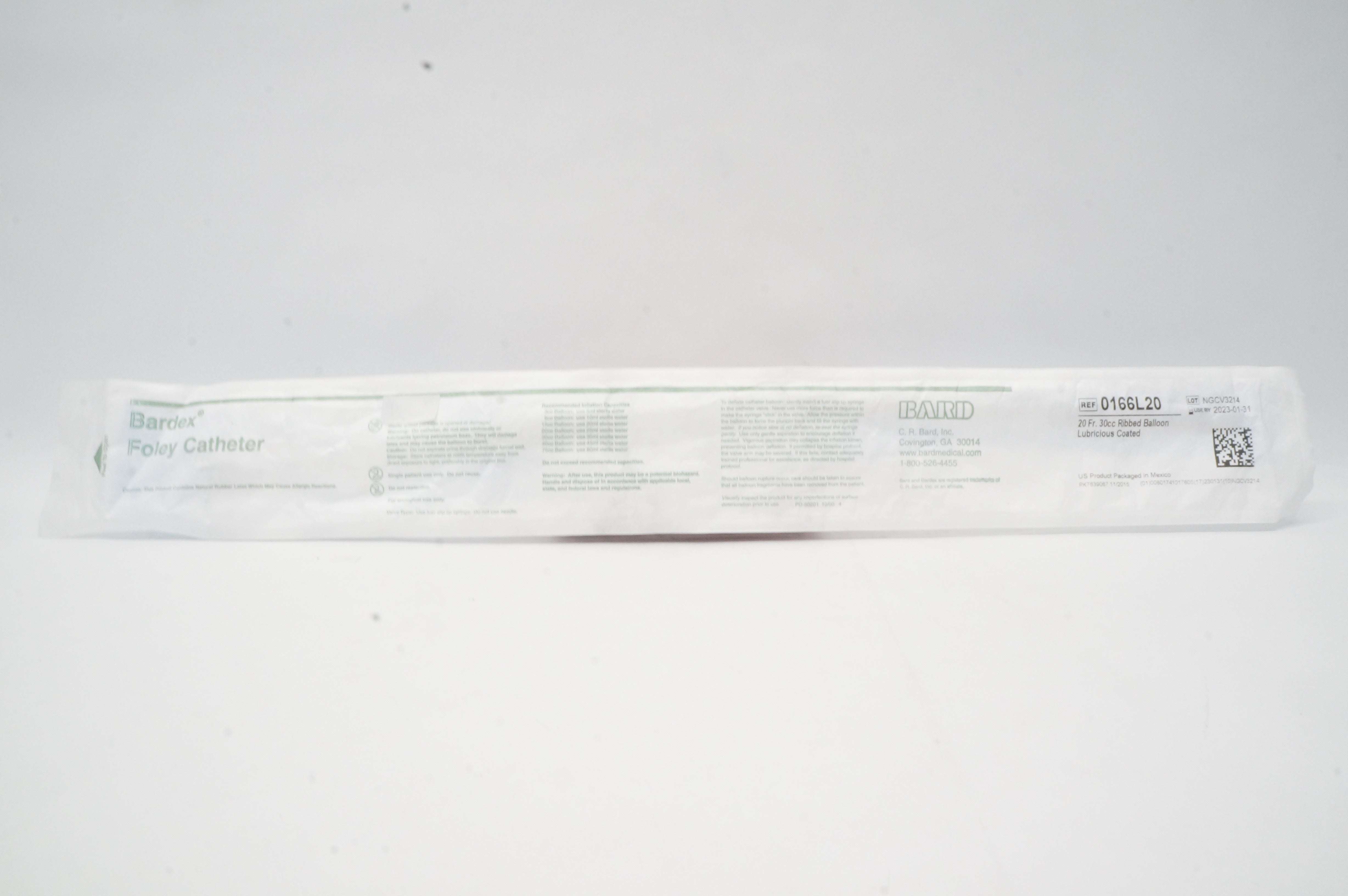Bard 0166L20 Bardex Foley Cath. 20Fr. 30cc Ribbed Balloon Lubricious Coated (x)