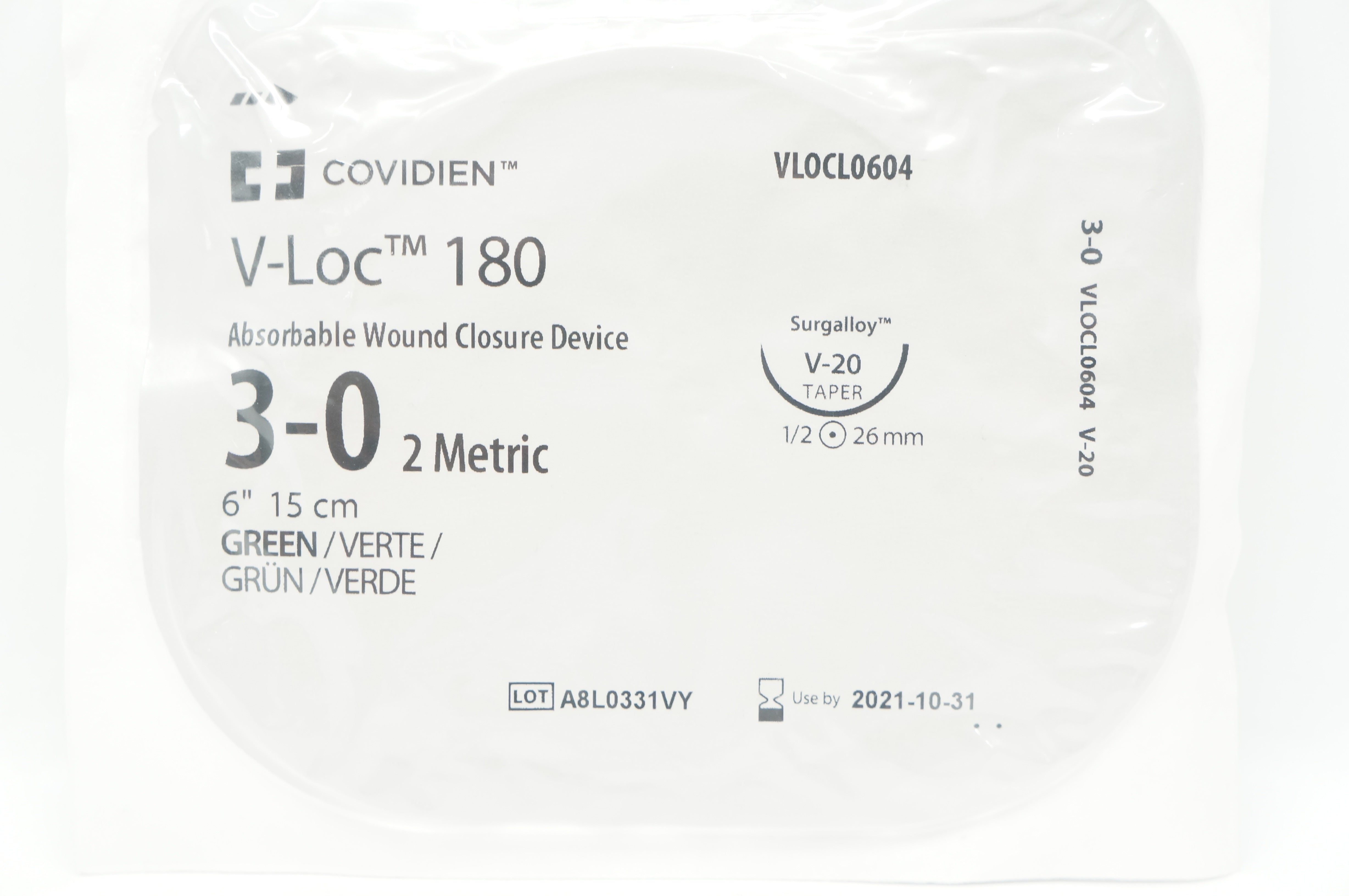 Covidien VLOCL0604, 3-0 V-Loc 180 Green V-20 26mm 1/2c Taper, 6inch (x)