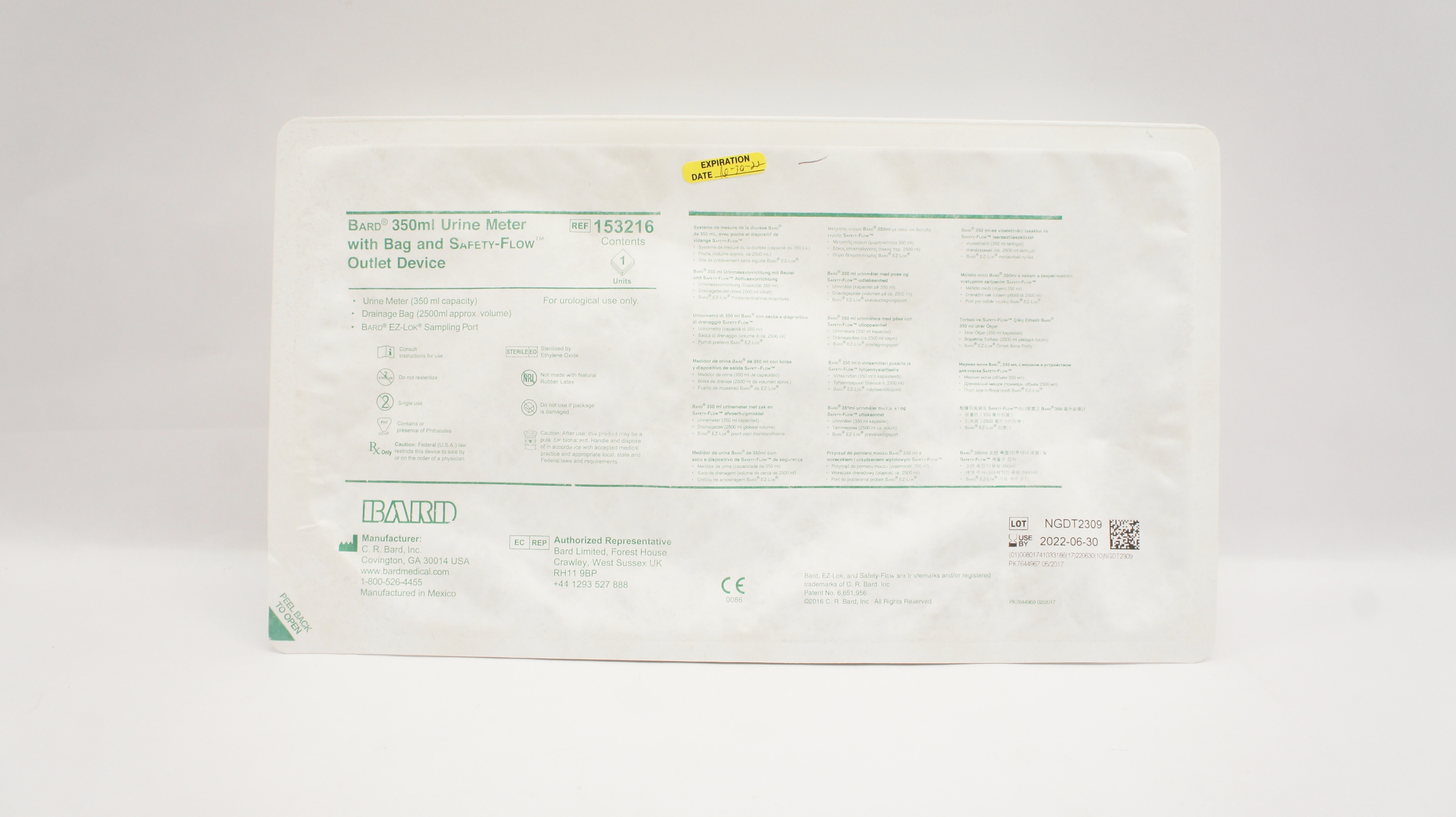 Bard 153216 Urine Meter With Bag And Safety-Flow Outlet Device 350 ml (x)