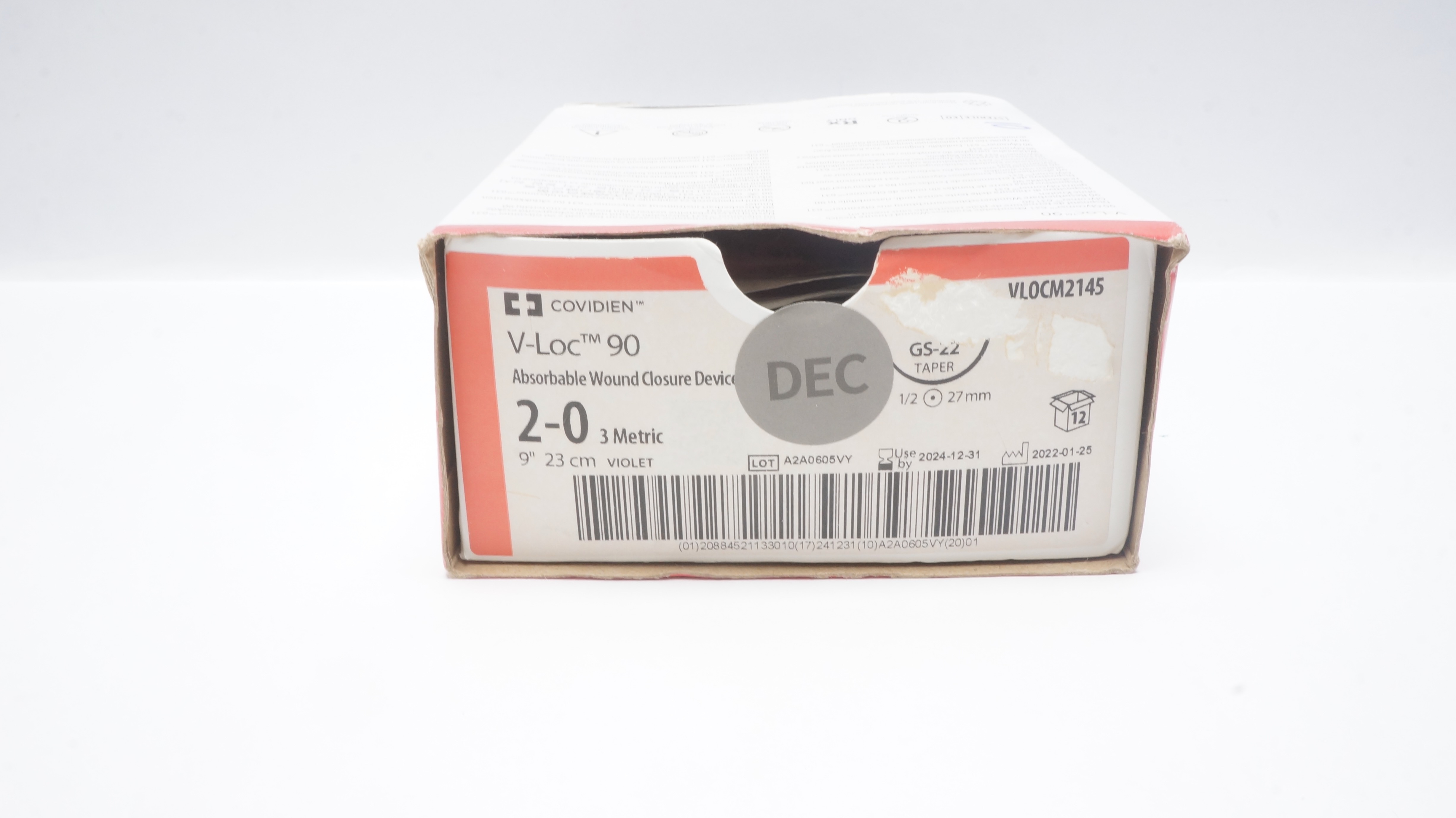Covidien VLOCM2145 2-0 Wound Closure GS-22 27mm 1/2 Taper, 9inch (x) - Box of 10