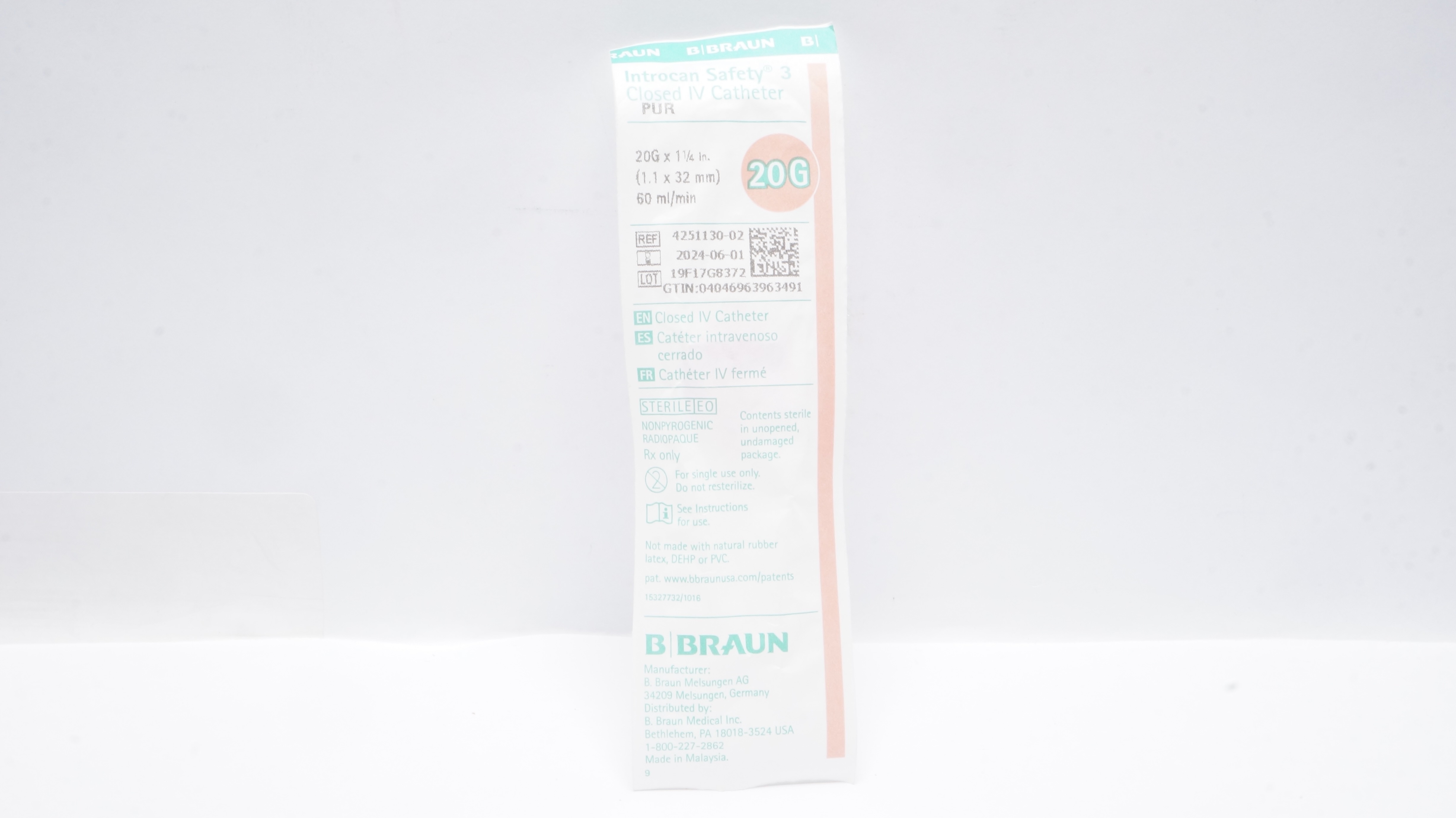 Braun 4251130-02 Introcan Safety 3 Closed IV Cath. Pur 20Ga x 1 1/4inch 60ml (x)