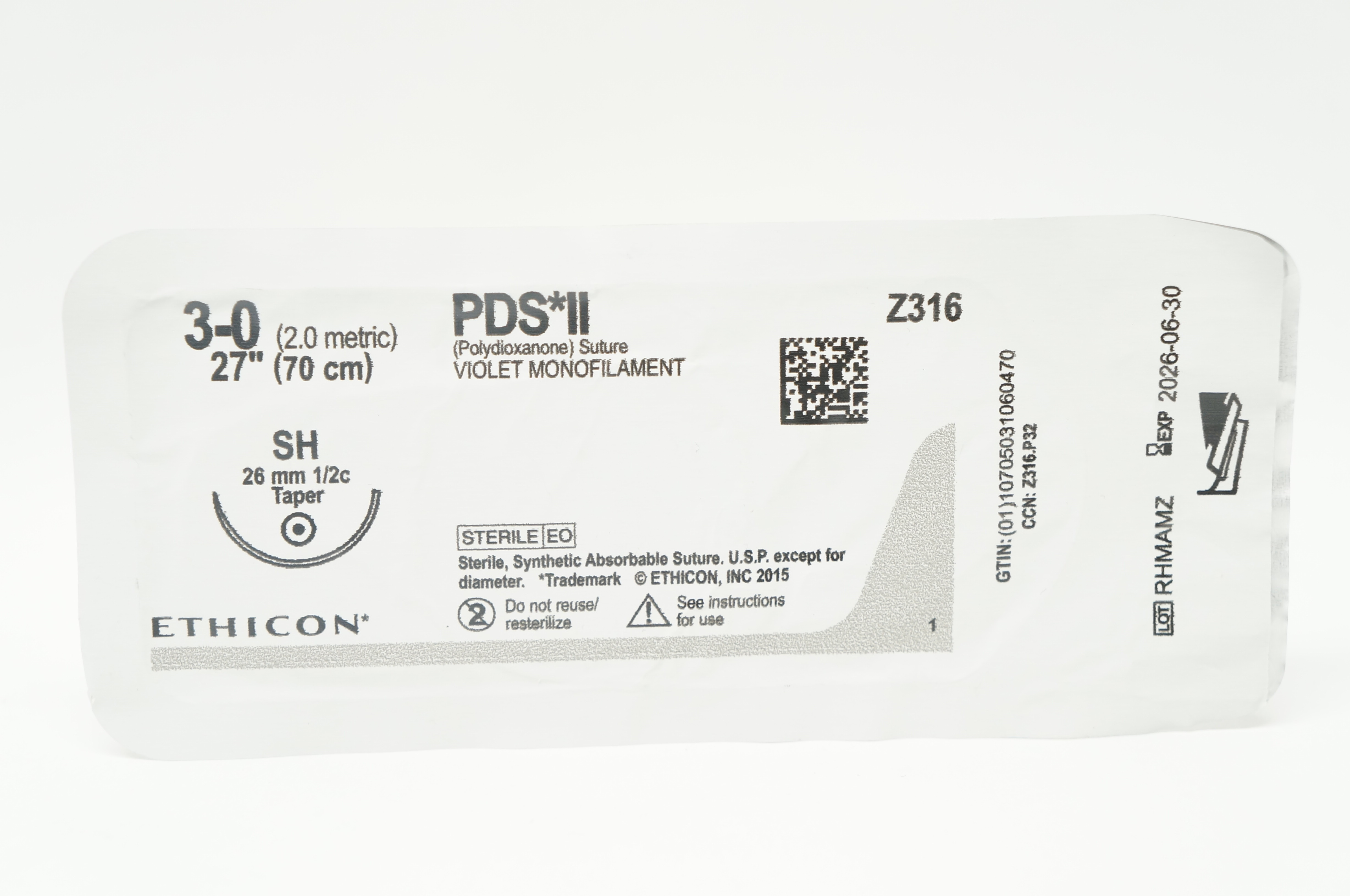 Ethicon Z316 3-0 PDS II Violet Monofilament Stre SH 26mm 1/2c Taper 27inch