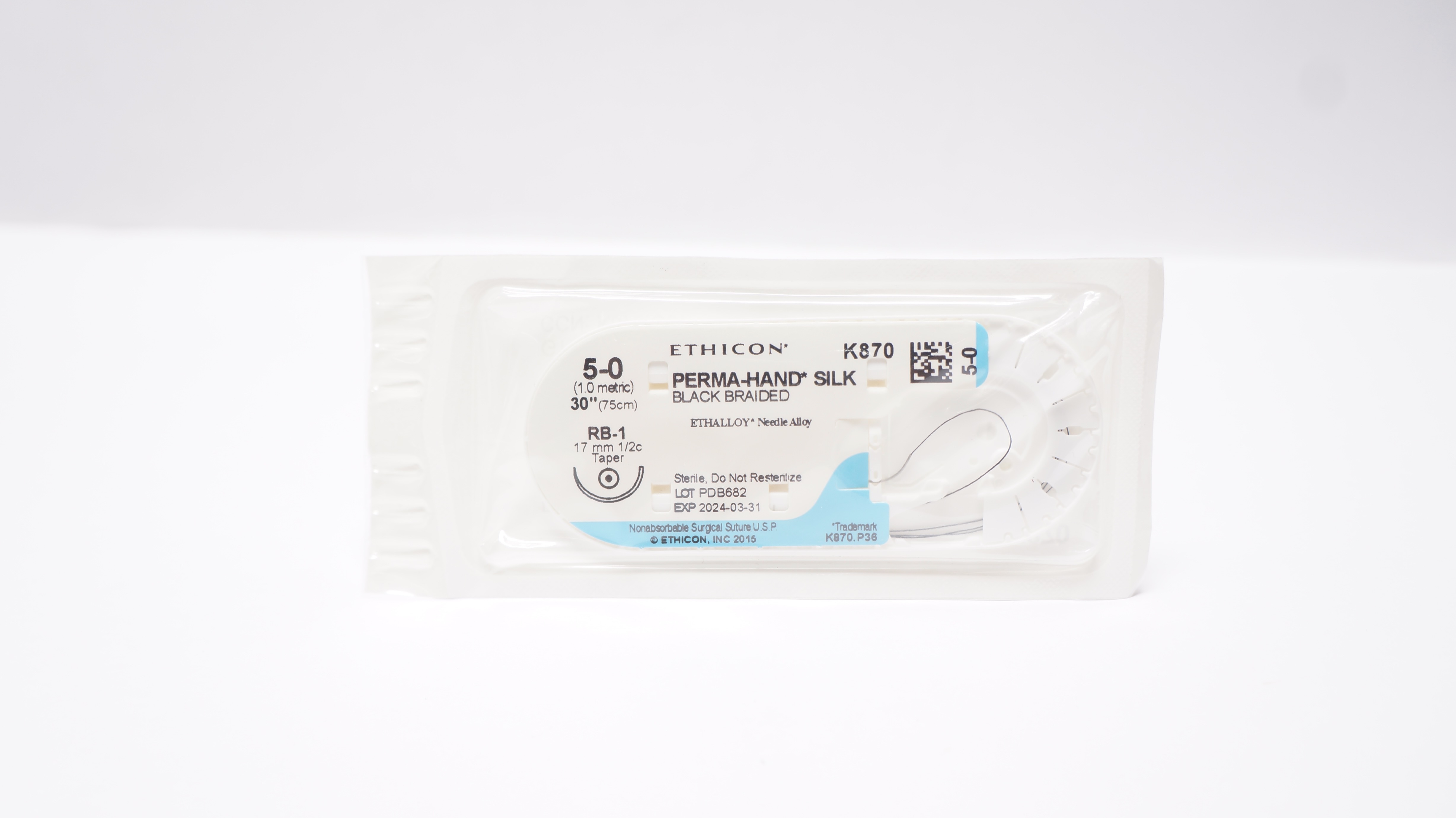 Ethicon K870 5-0 Perma-Hand Silk Surgical Stre RB-1, 17mm 1/2c Taper, 30inch