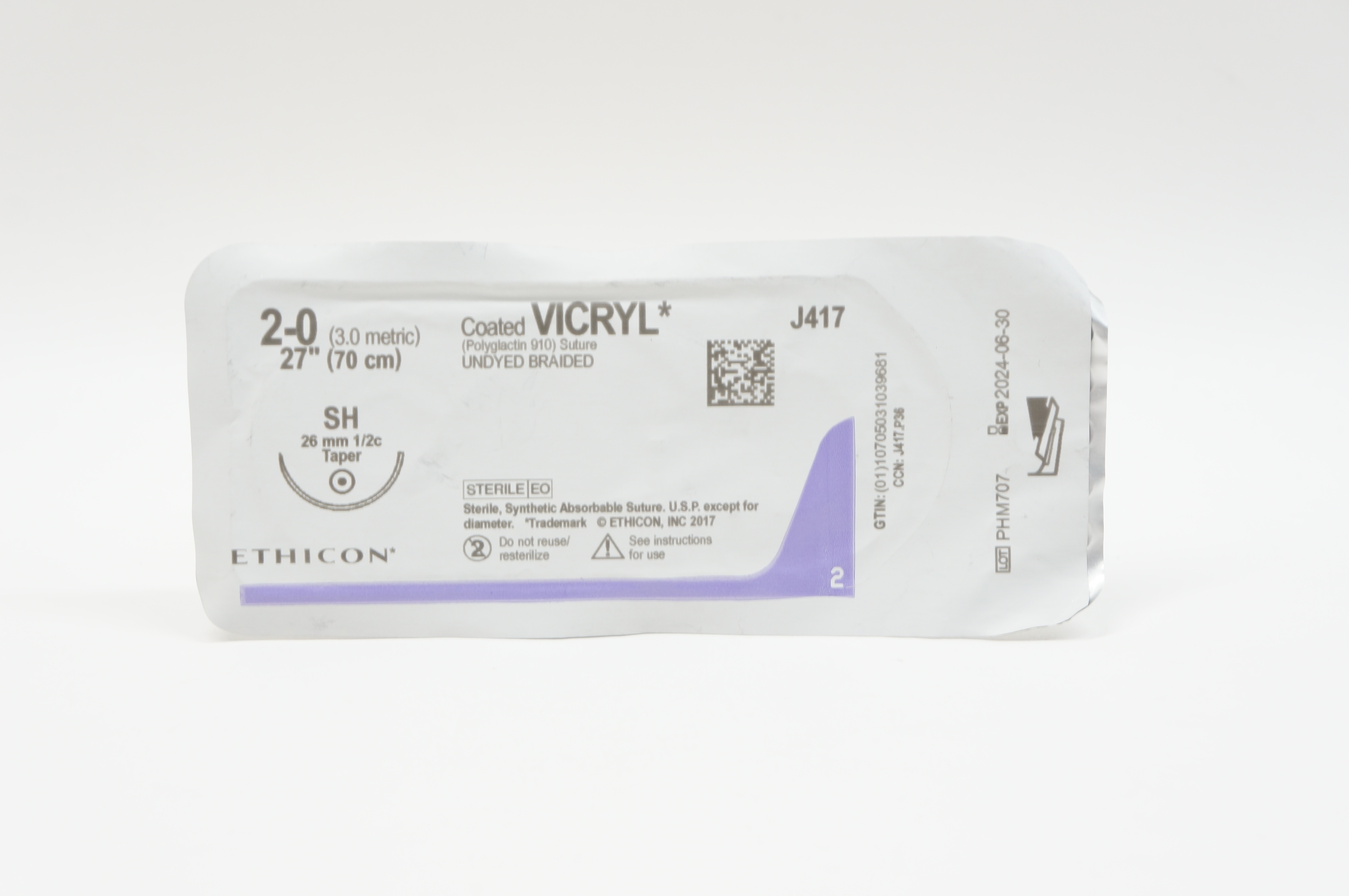 Ethicon J417 2-0 VICRYL, SH, 26mm 1/2c Taper, 27inch