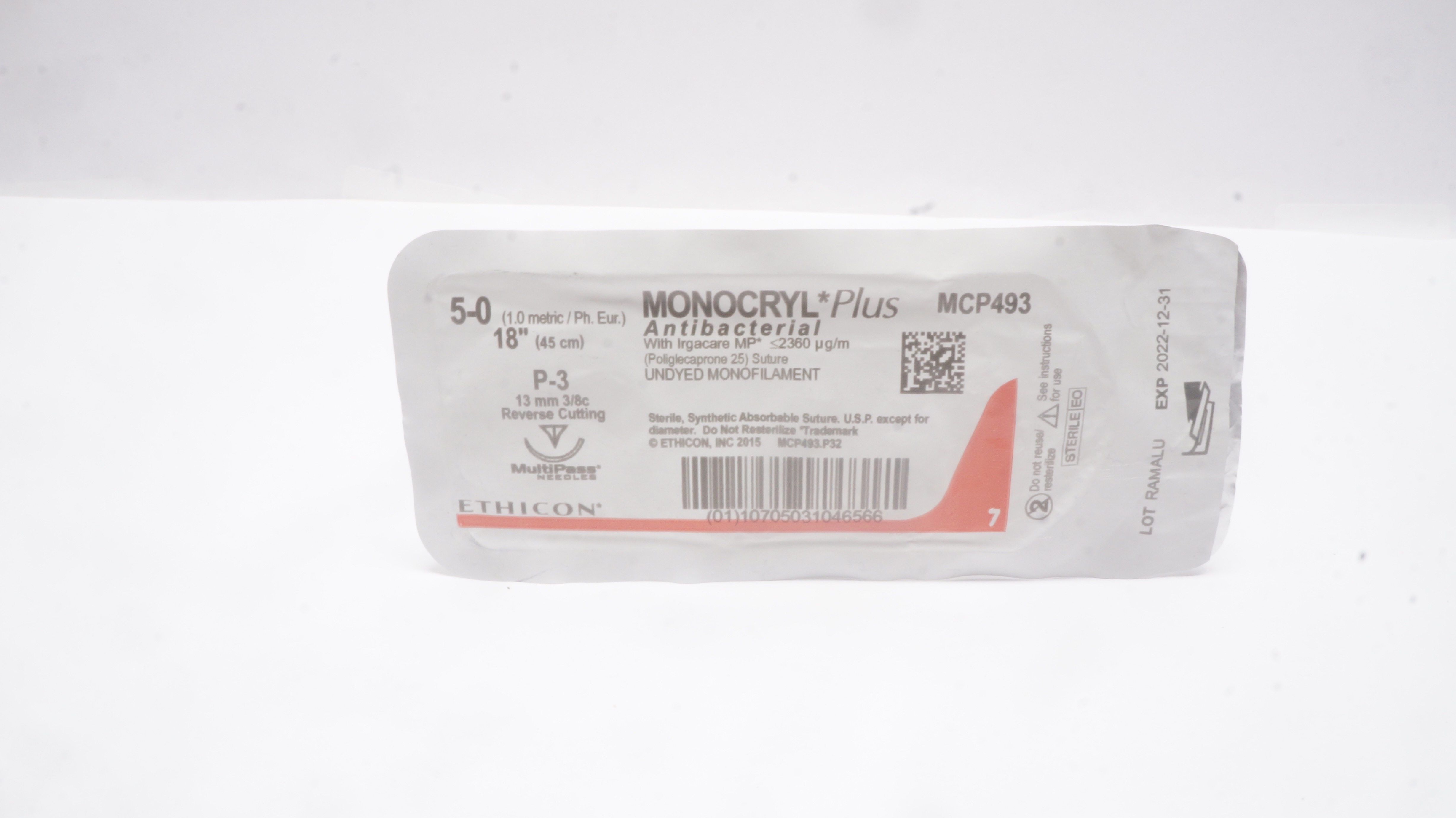 Ethicon MCP493 5-0 MONOCRYL Plus P-3 13mm 3/8c Reverse Cutting, 18inch (x)