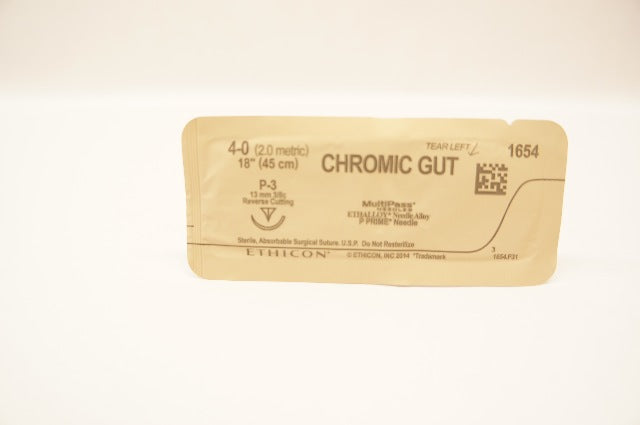 Ethicon 1654 4-0 CHROMIC GUT Surgical Stre P-3 13mm 3/8 Reverse Cutting ...