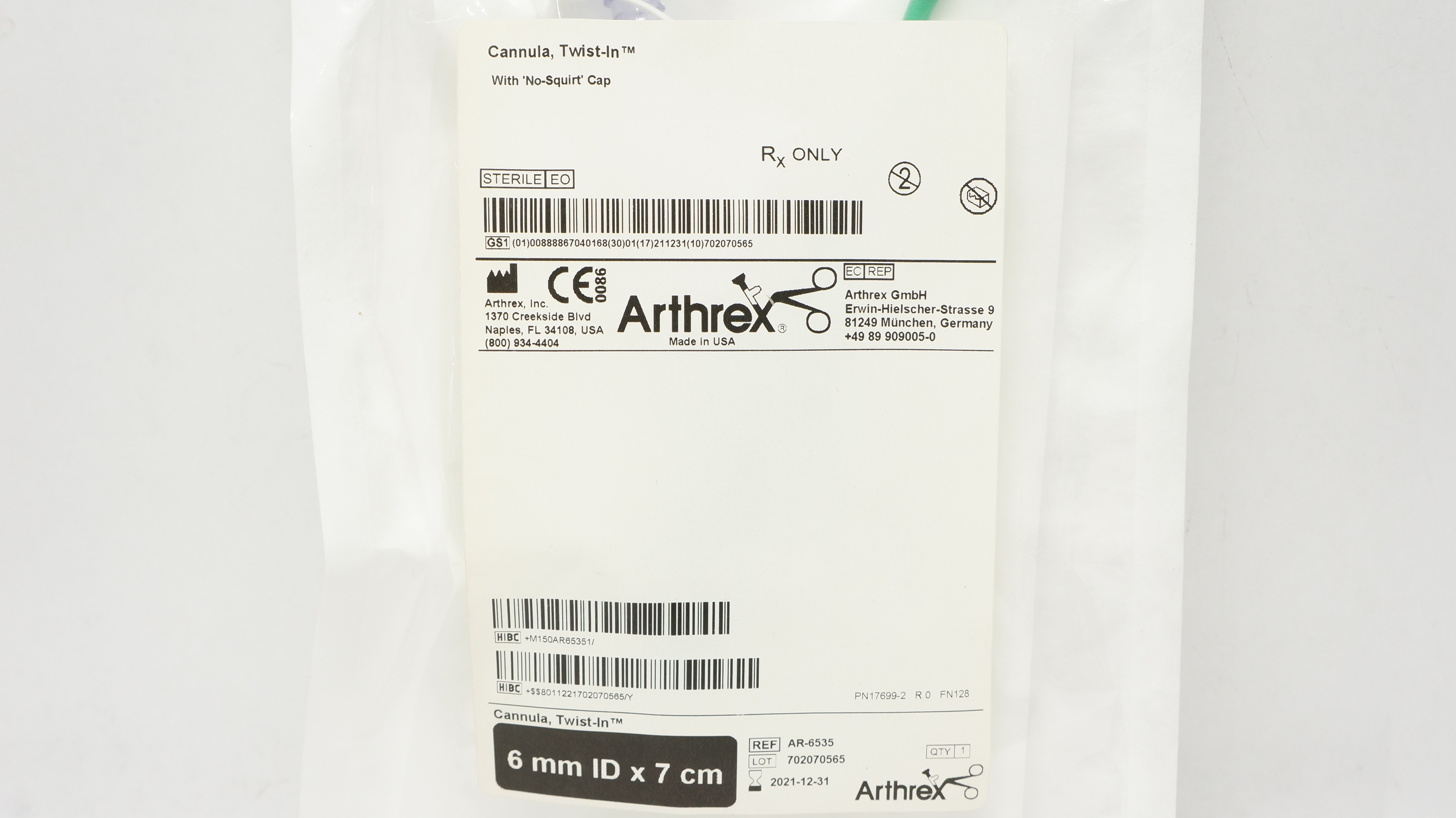 Arthrex AR-6535 Cannula Twist-In With No-Squirt Cap 6mm x 7cm (x)