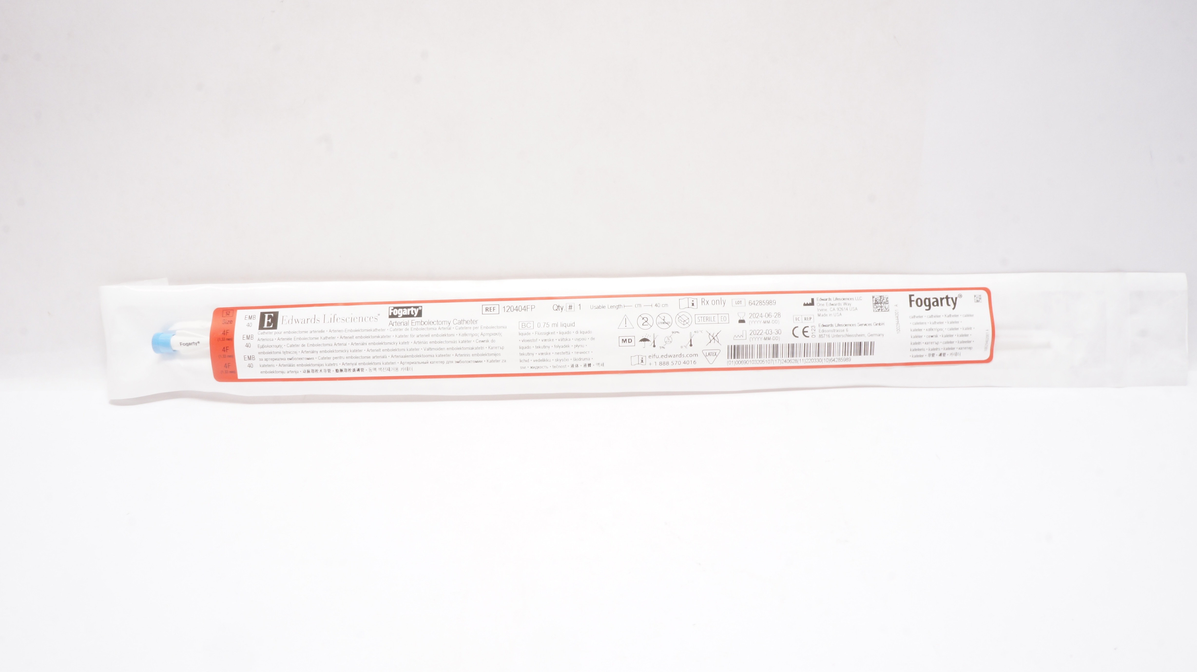 Edwards Lifesciences 120404FP Fogarty Arterial Embolectomy Cath. 4F x 40cm