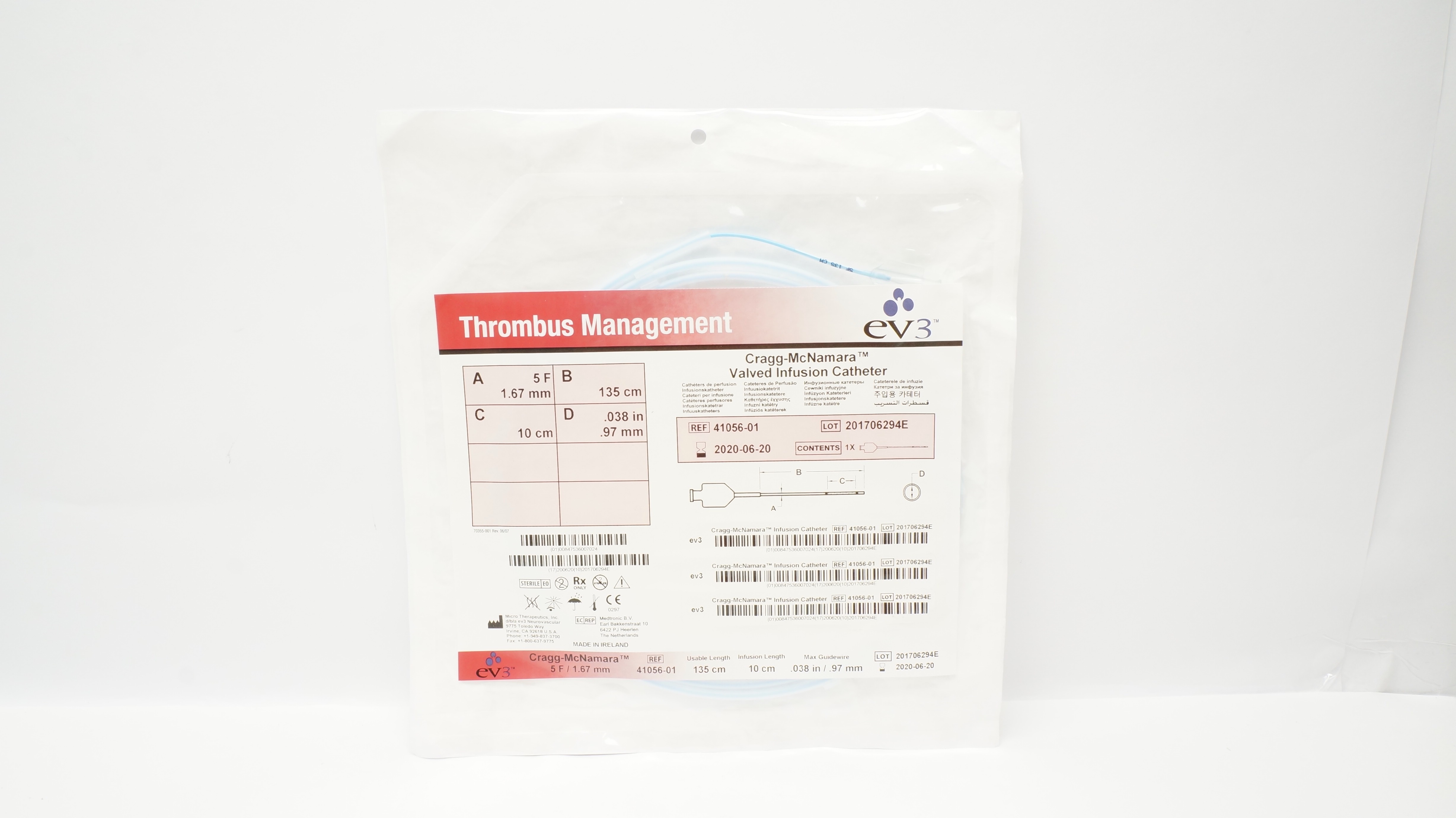 Micro Therapeutics 41056-01 Cragg-McNamara Valved Infusion Cath. 135cm x 10cm(x)