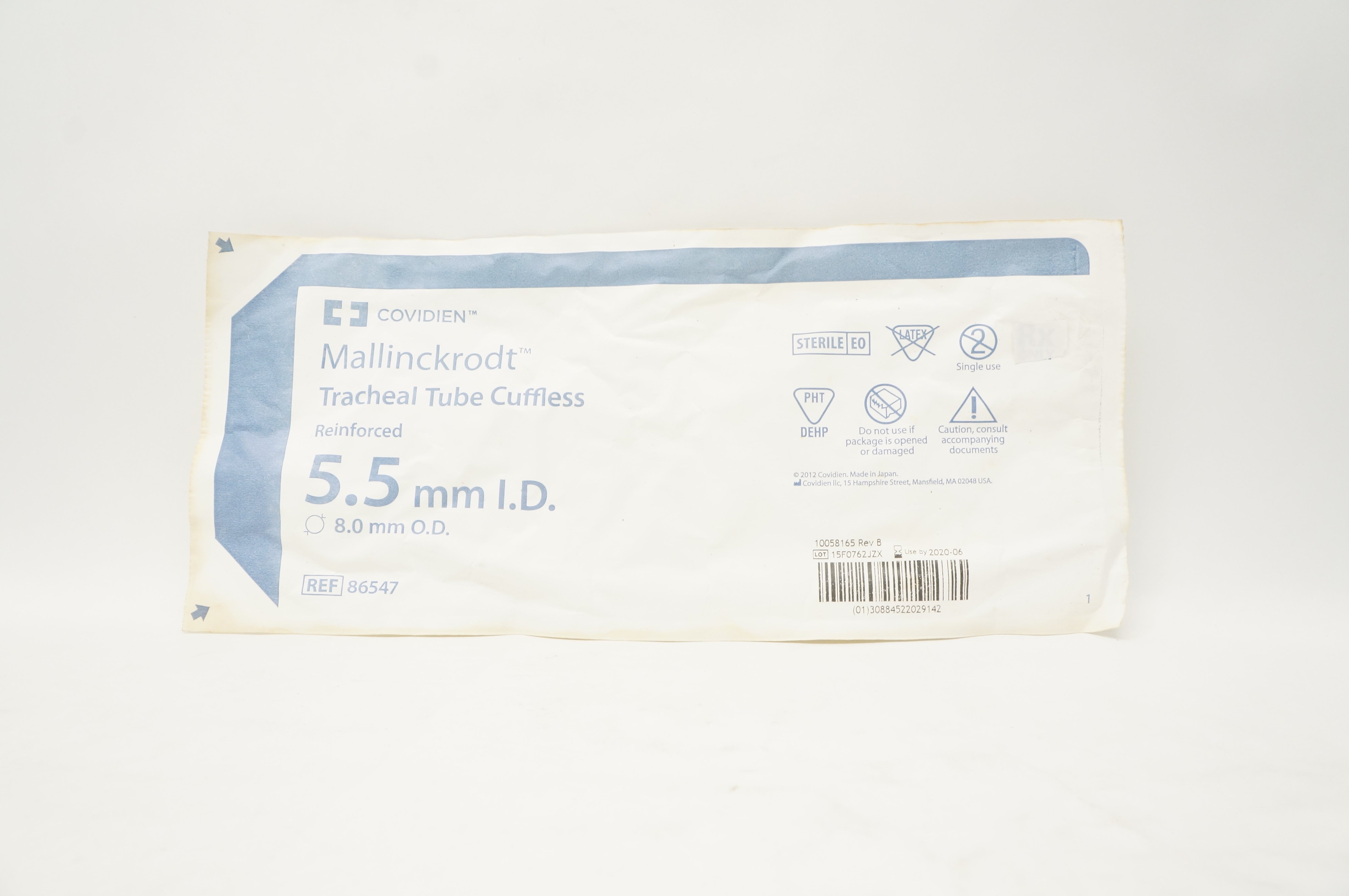 Covidien 86547 Mallinckrodt Tracheal Tube Cuffless Reinforced 5.5mm x 8