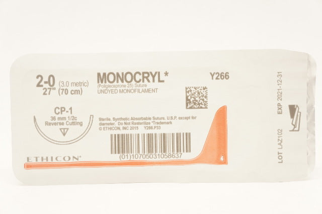 Ethicon Y266 2-0 MONOCRYL, CP-1, 36mm 1/2c, 27inch (x)