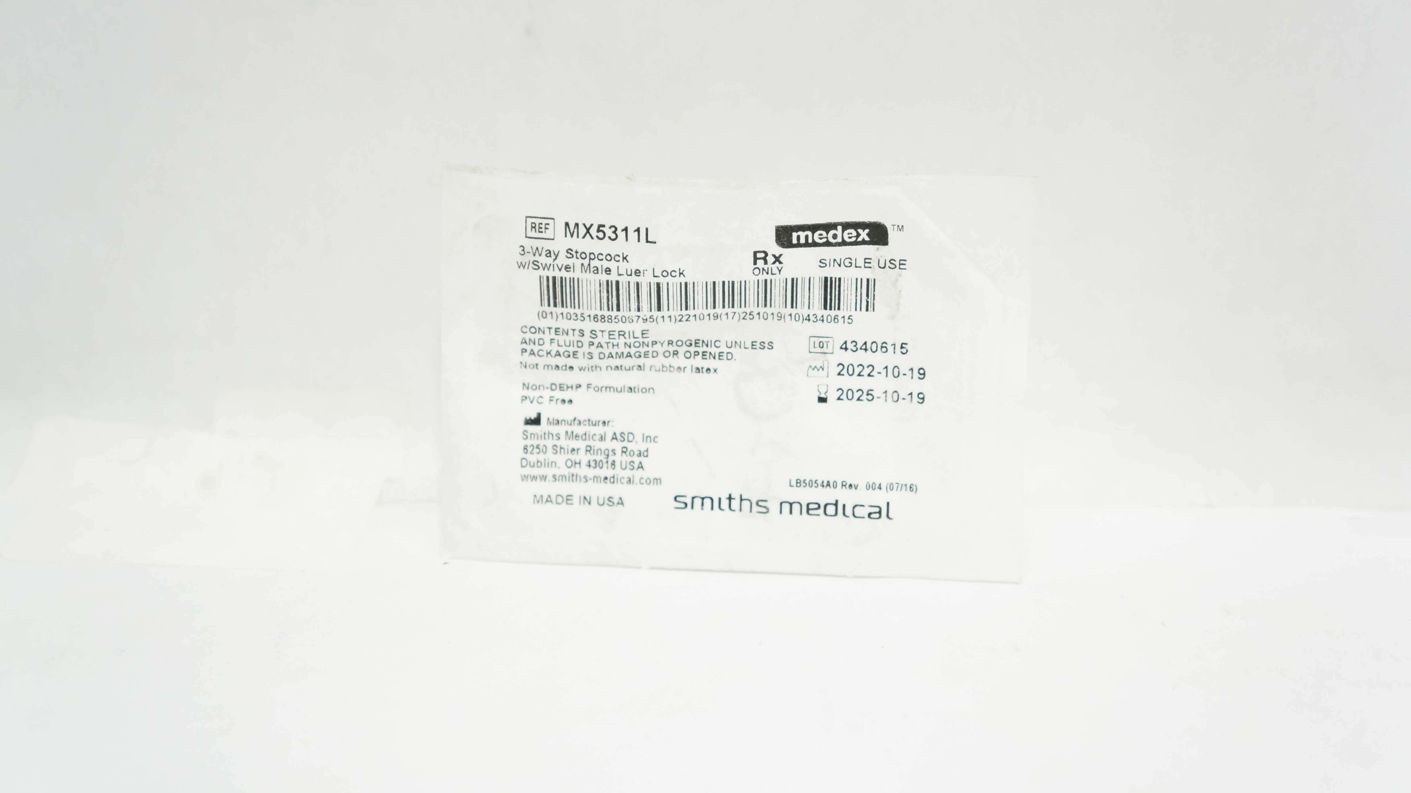Smiths Medical MX5311L Medex 3-Way Stopcock w/Swivel Male Luer Lock