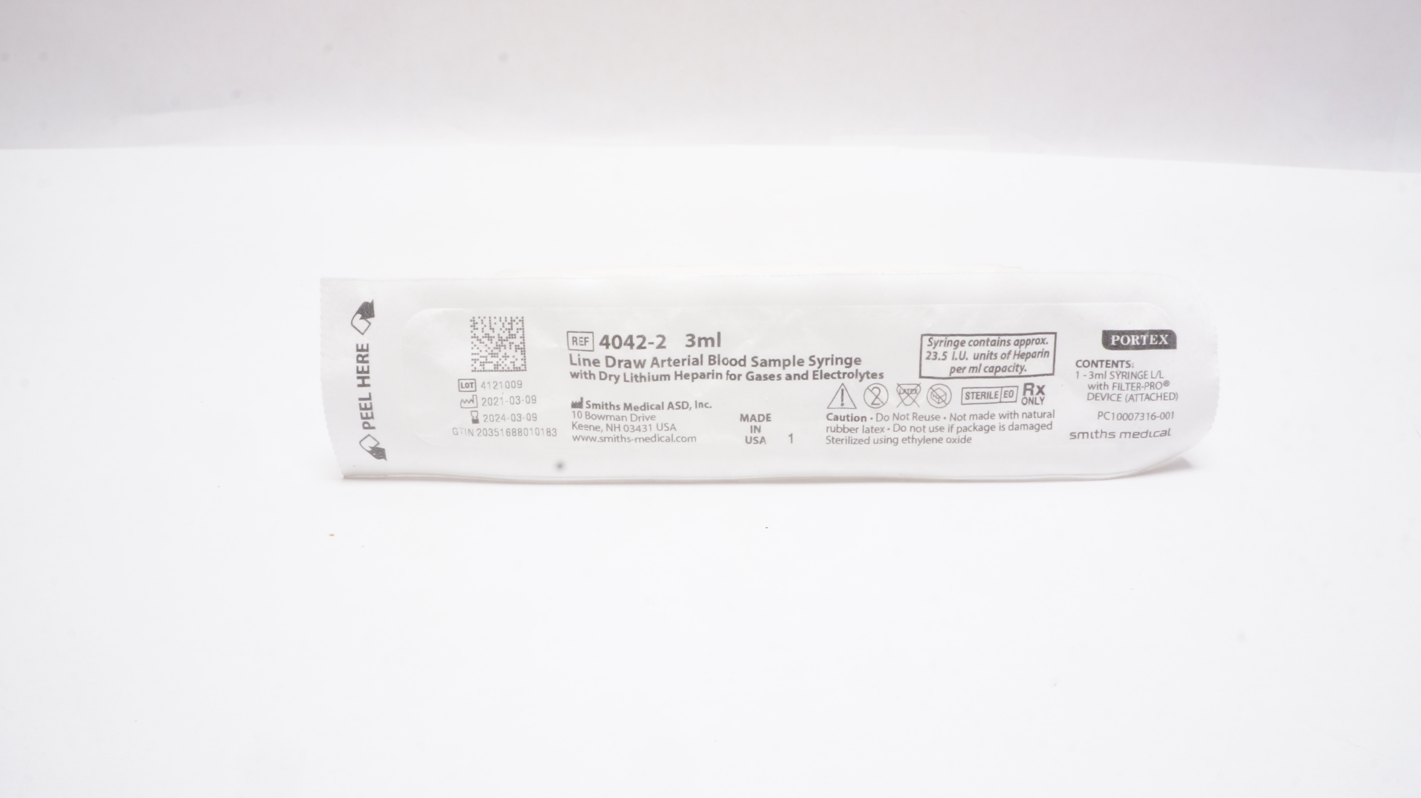 Smiths Medical 4042-2 Portex Line Draw Arterial Blood Sample Syringe, 3ml