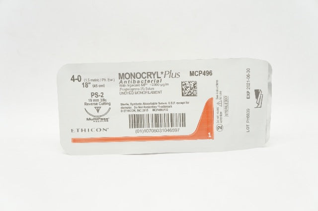 Ethicon MCP496 4-0 MONOCRYL Plus Stre PS-2 19mm 3/8c Reverse Cutting, 18inch (x)