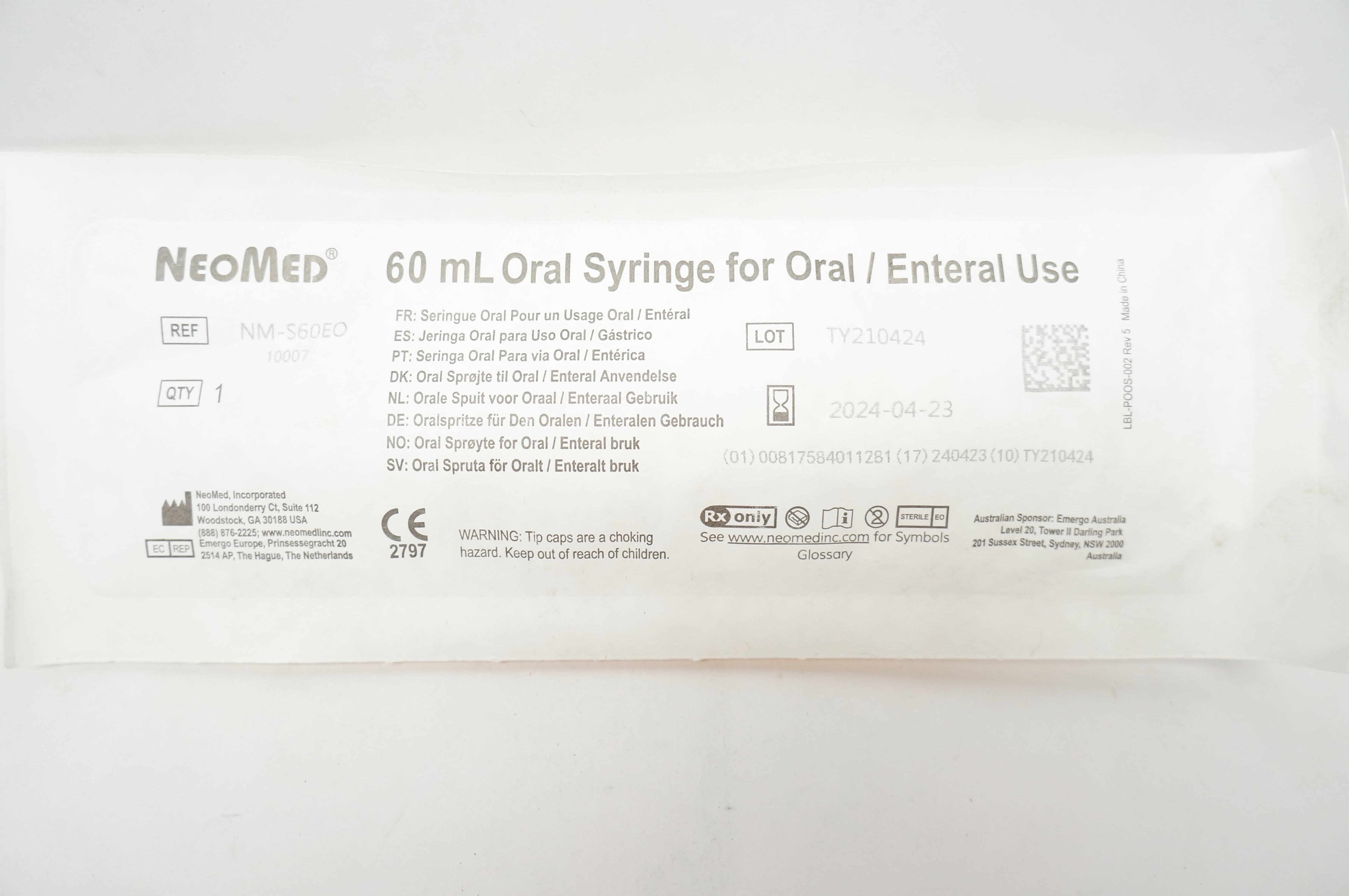 NeoMed NMS60EO Oral Syringe for Oral/Enteral Use 60mL