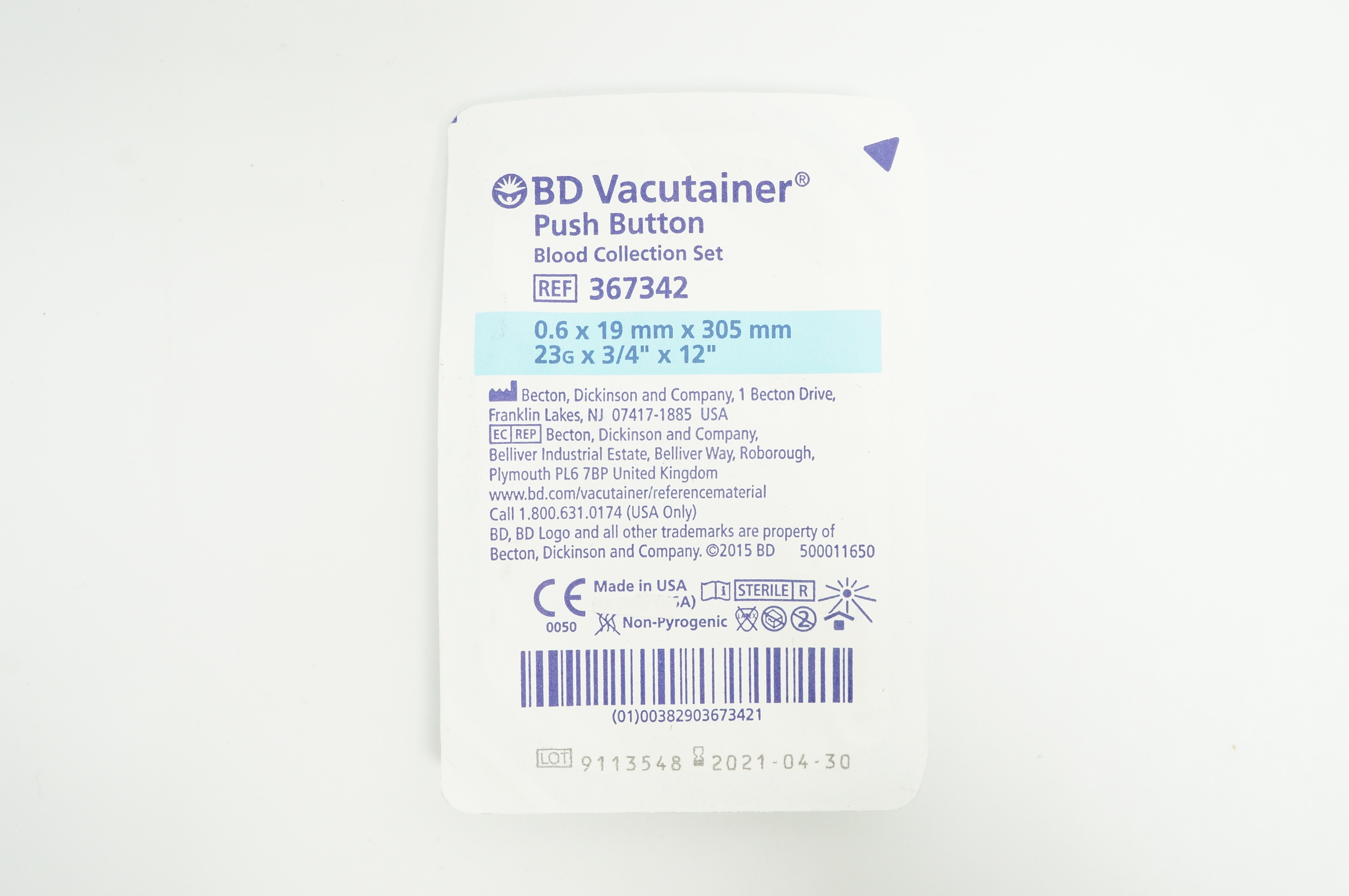 BD 367342 Vacutainer Push Button Blood Collection Set 23G x 3/4inch x 12inch (x)