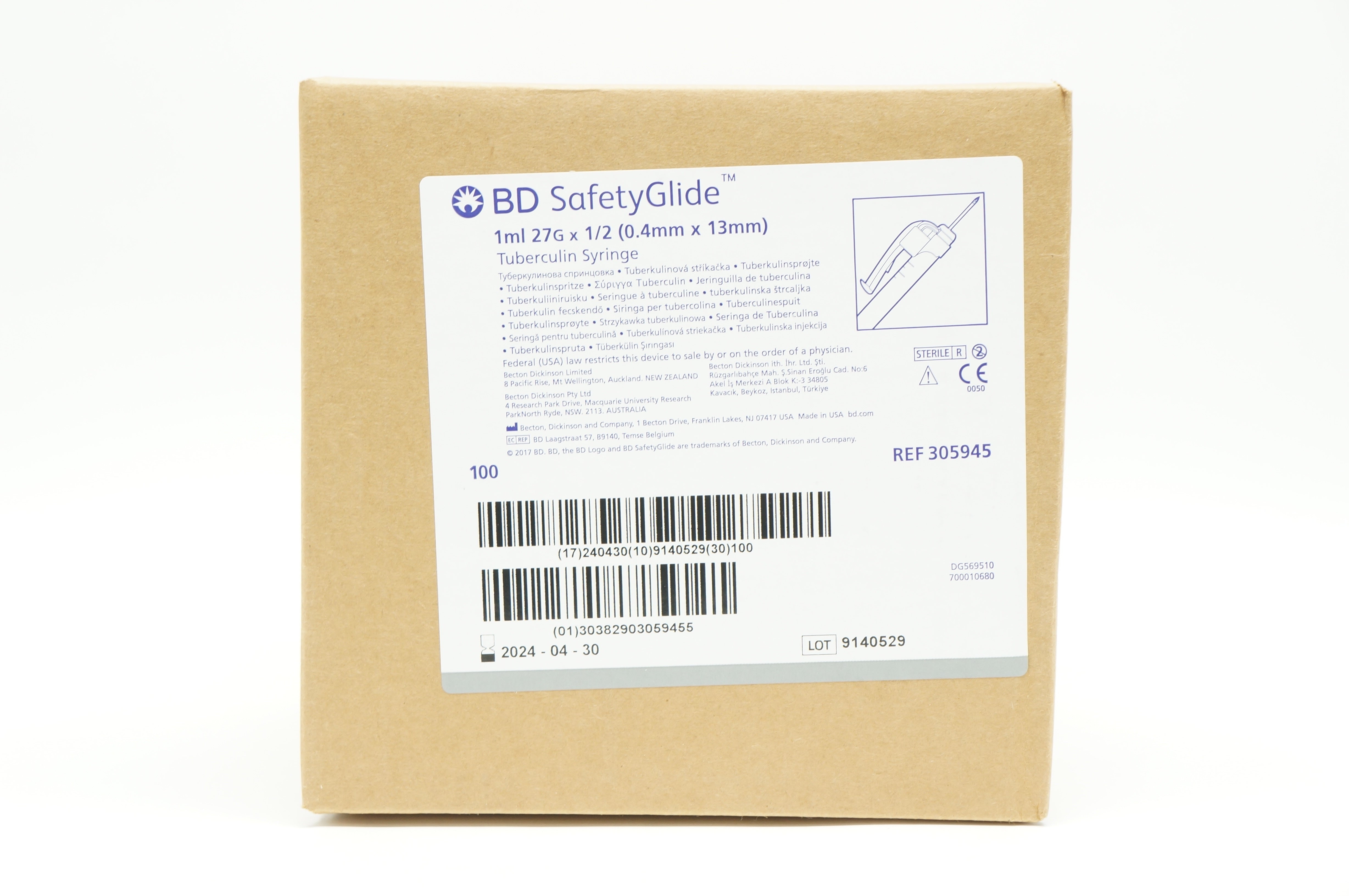 BD 305945 SafetyGlide Tuberculin Syringe 1ml, 27G x 1/2 - Case of 100