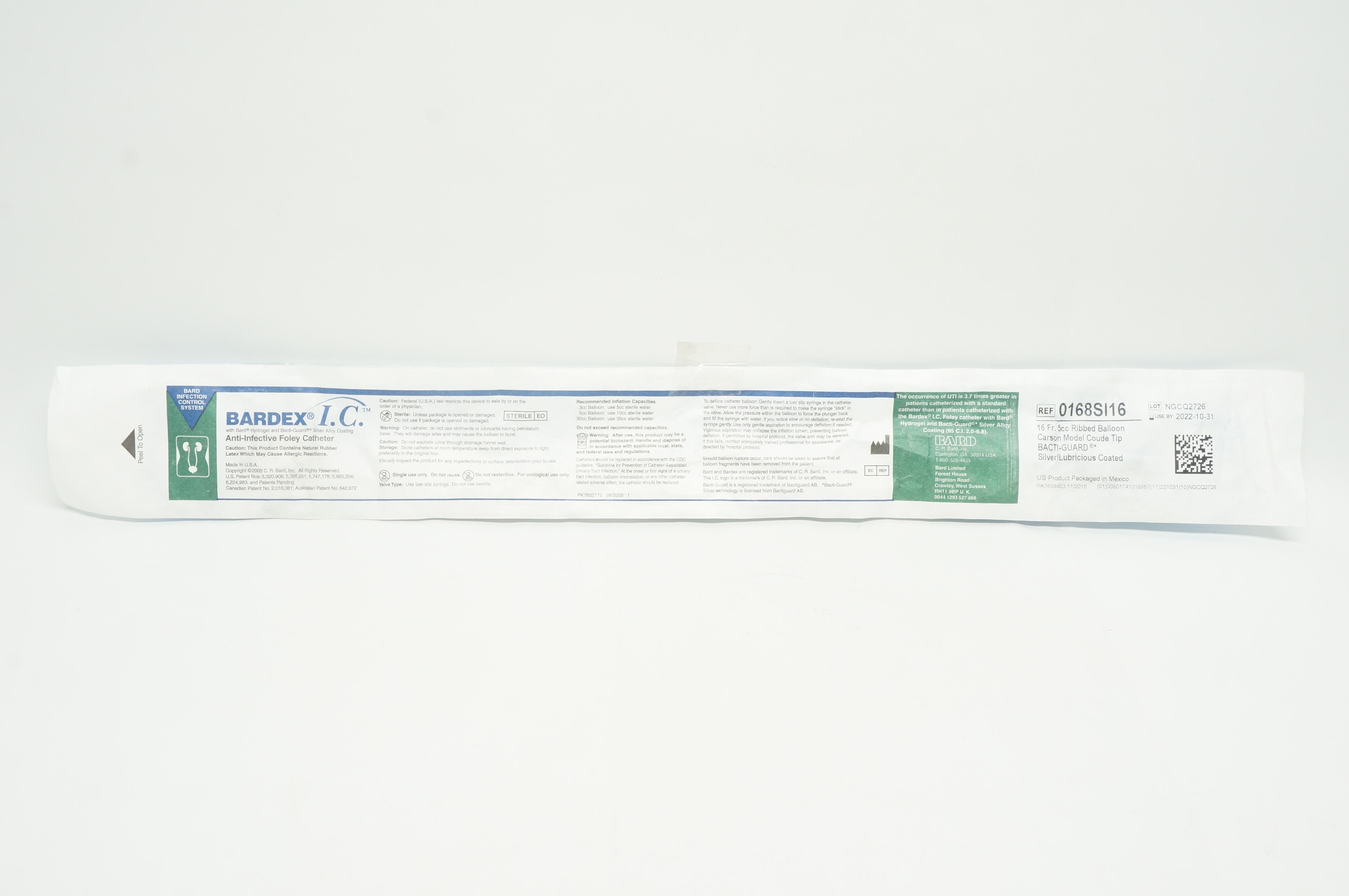 Bard 0168SI16 Bardex I.C. Anti-Infective Foley Cath. 16Fr, 5cc Ribbed Balloon