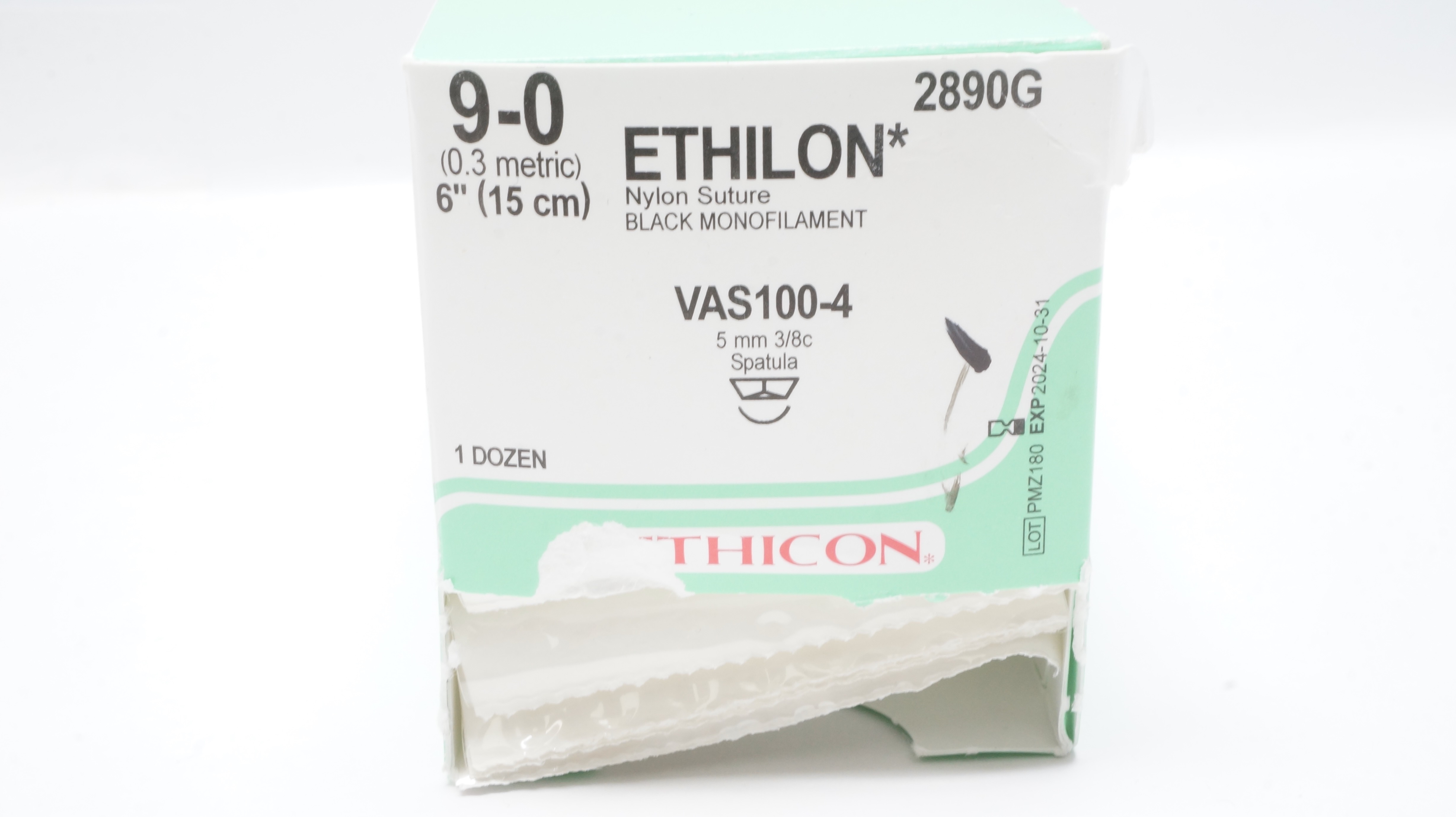 Ethicon 2890G 9-0 Ethilon Stre VAS100-4 5mm 3/8c Spatula 6inch (x) - Box of 10