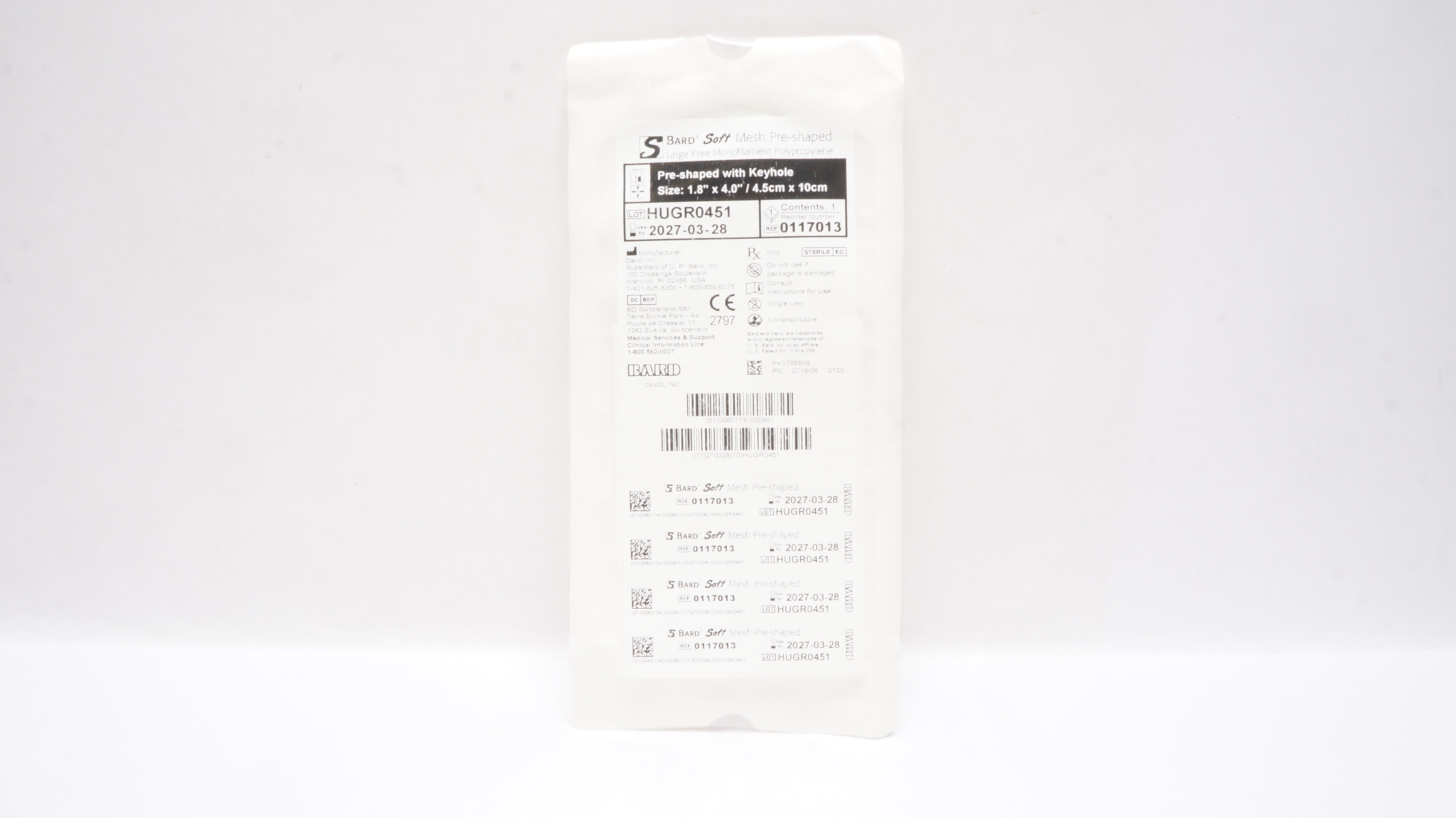 Bard 0117013 Soft Mesh Pre-Shaped Large Pore Monofilament 1.8inch x 4.0inch