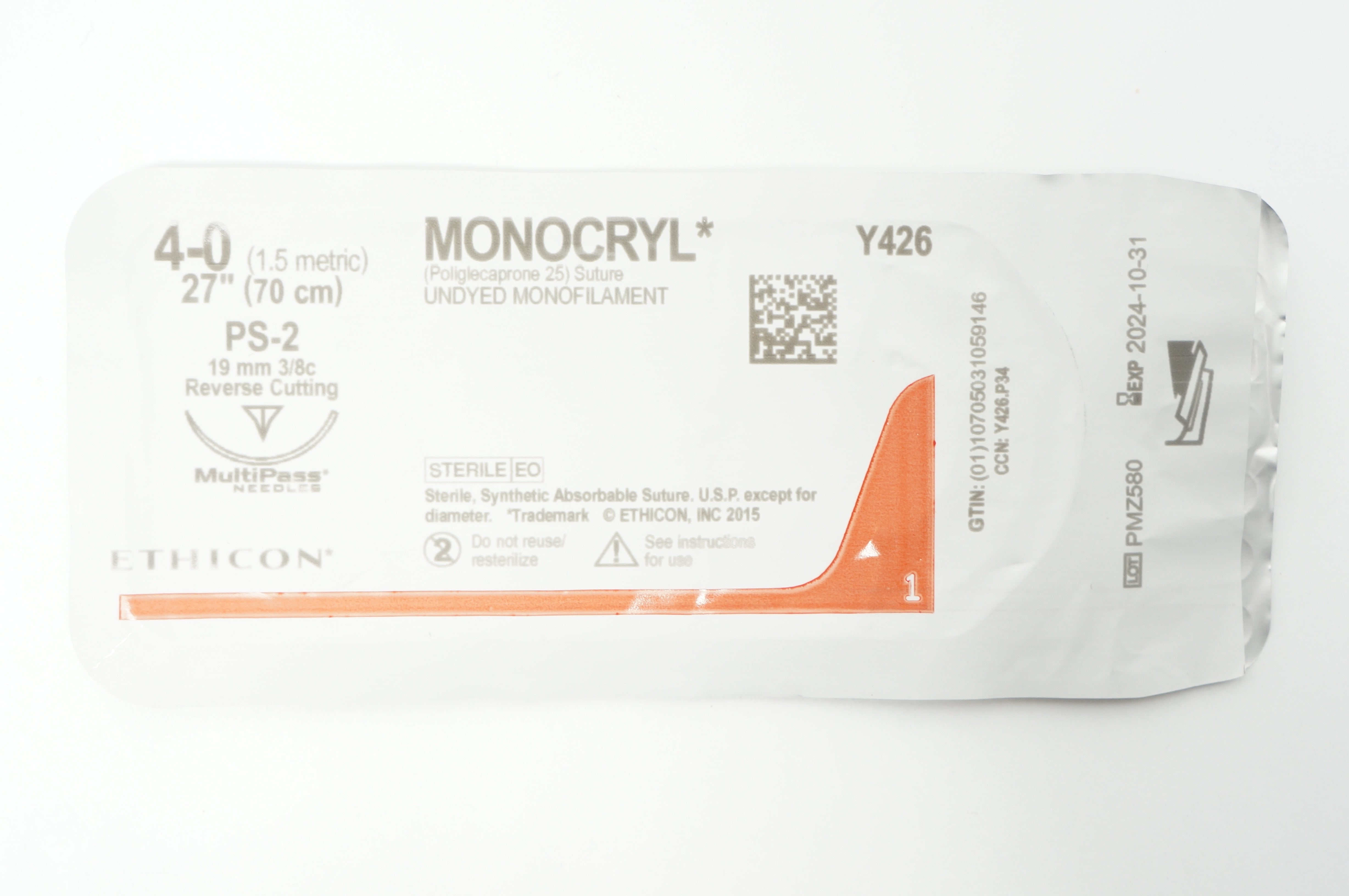 Ethicon Y426 4-0 MONOCRYL Undyed Stre S-2 19mm 3/8c Reverse Cutting, 27inch