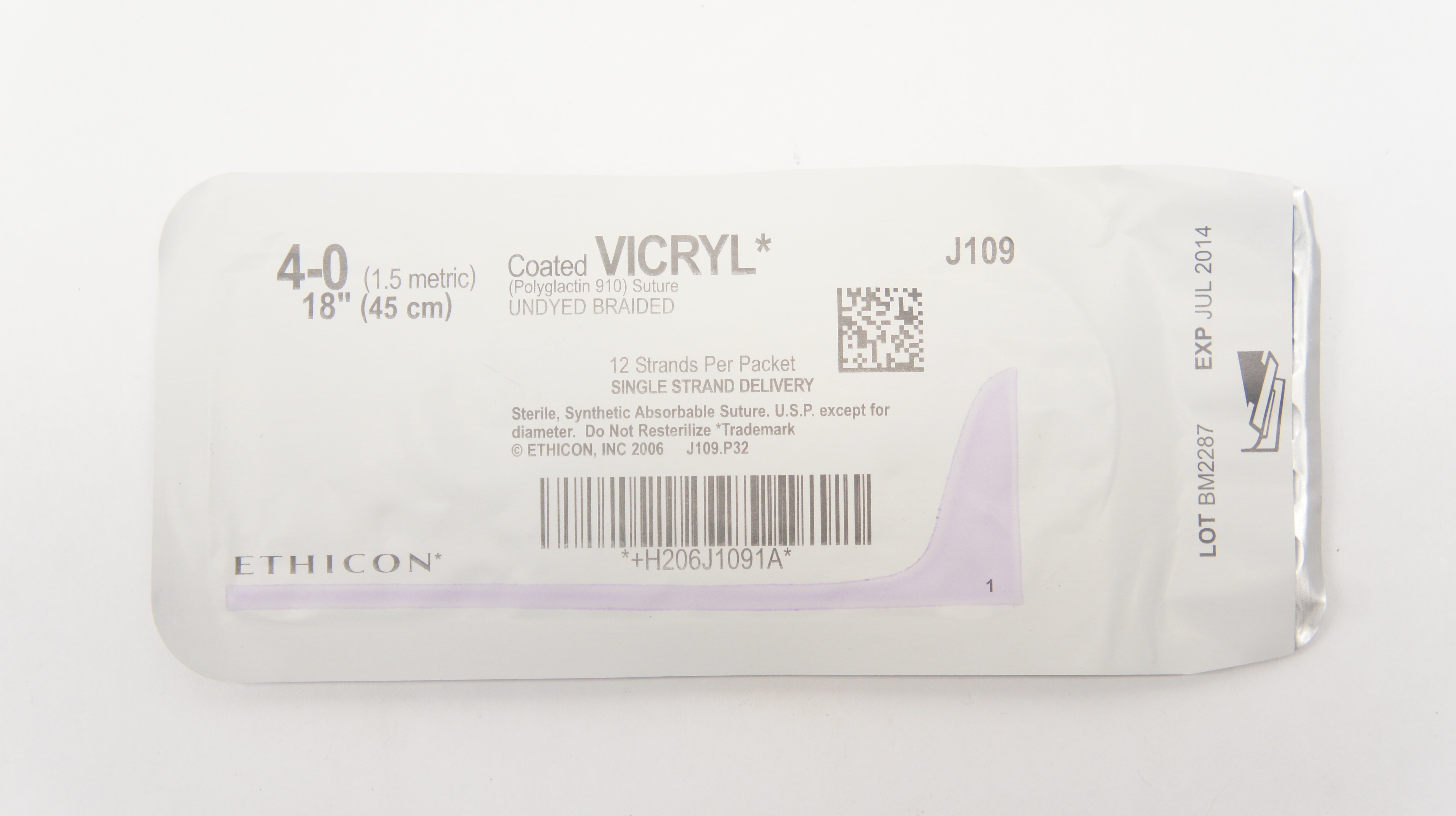 Ethicon J109 4-0 Coated VICRYL Polyglactin 910 Stre Undyed Braided, 18inch (x)
