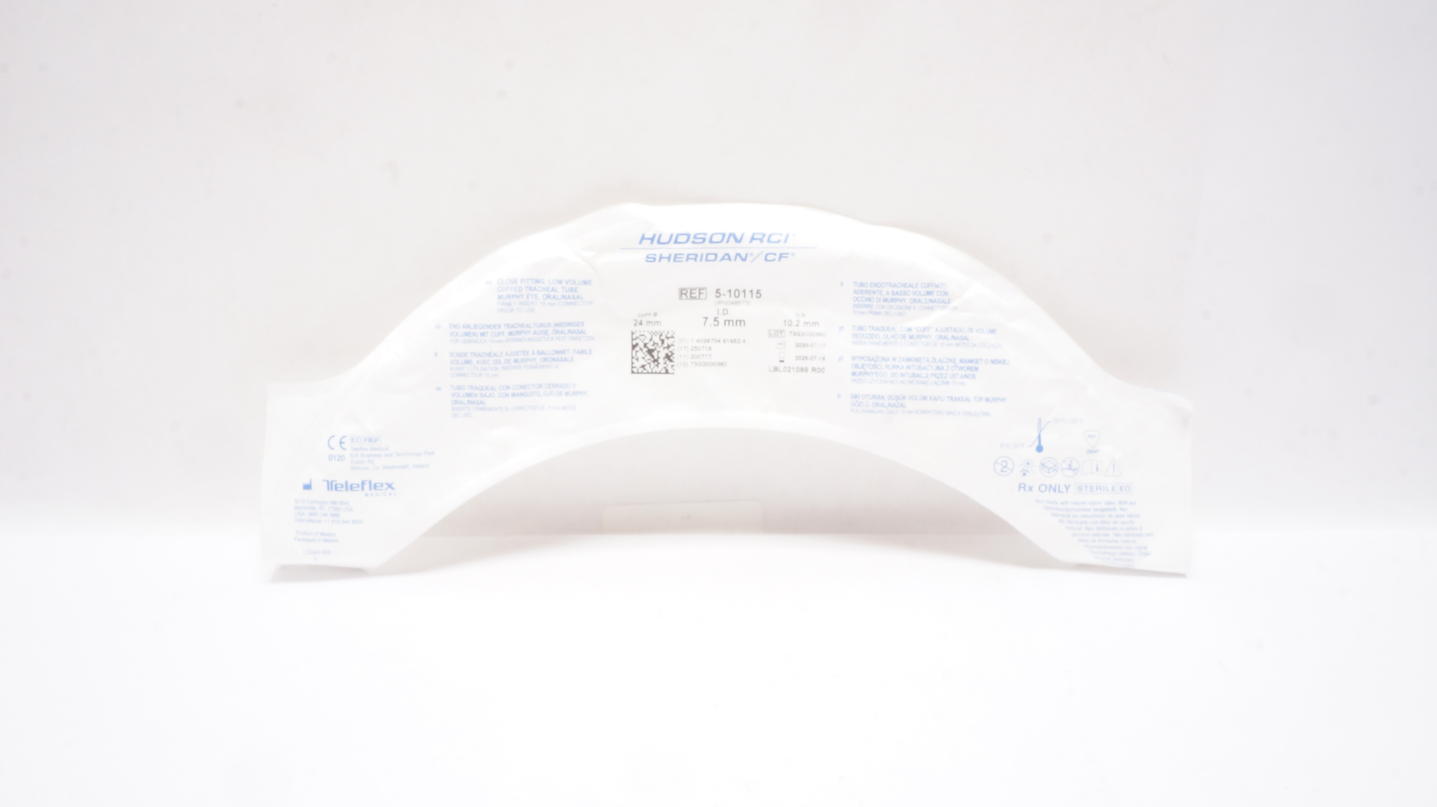 Teleflex 5-10115 Hudson RCI Sheridan CF Cuffed Tracheal Tube 7.5 x 10.2 x24mm