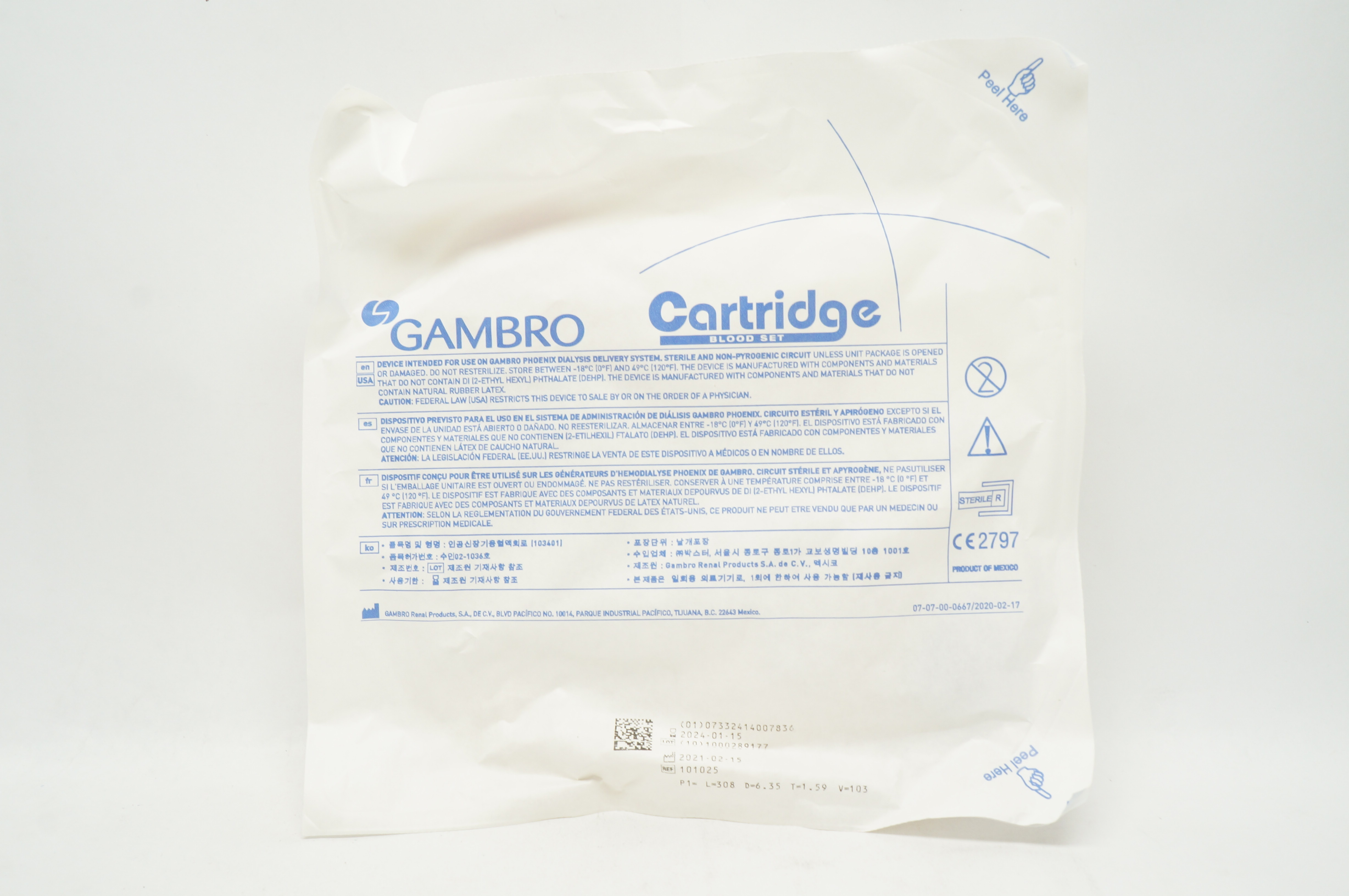 Gambro 101025 Cartridge Blood Set Sterile And Non-Pyrogenic