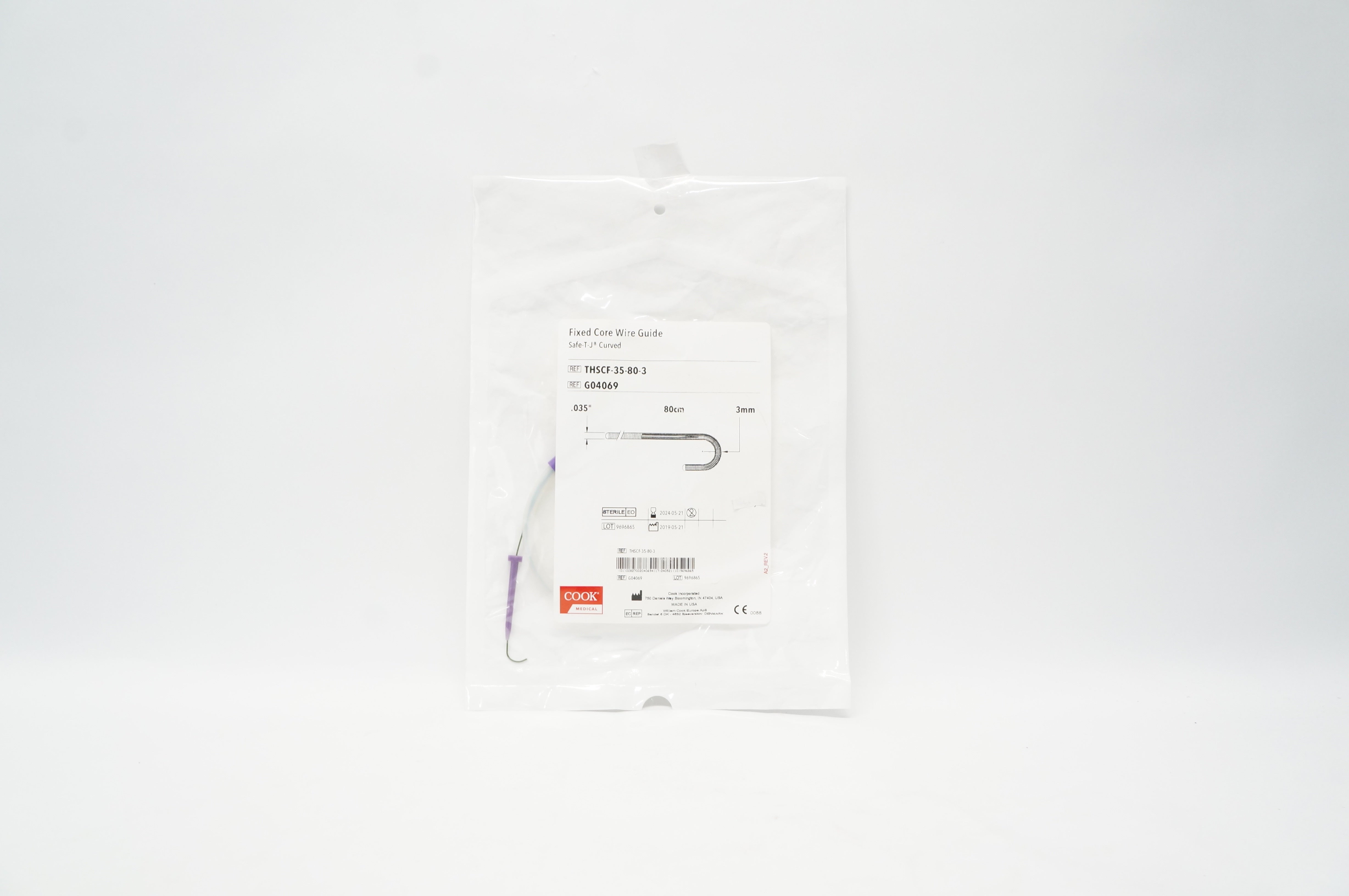Cook Medical G04069 Fixed Core Wire Guide Curved .035inch x 3mm x 80cm