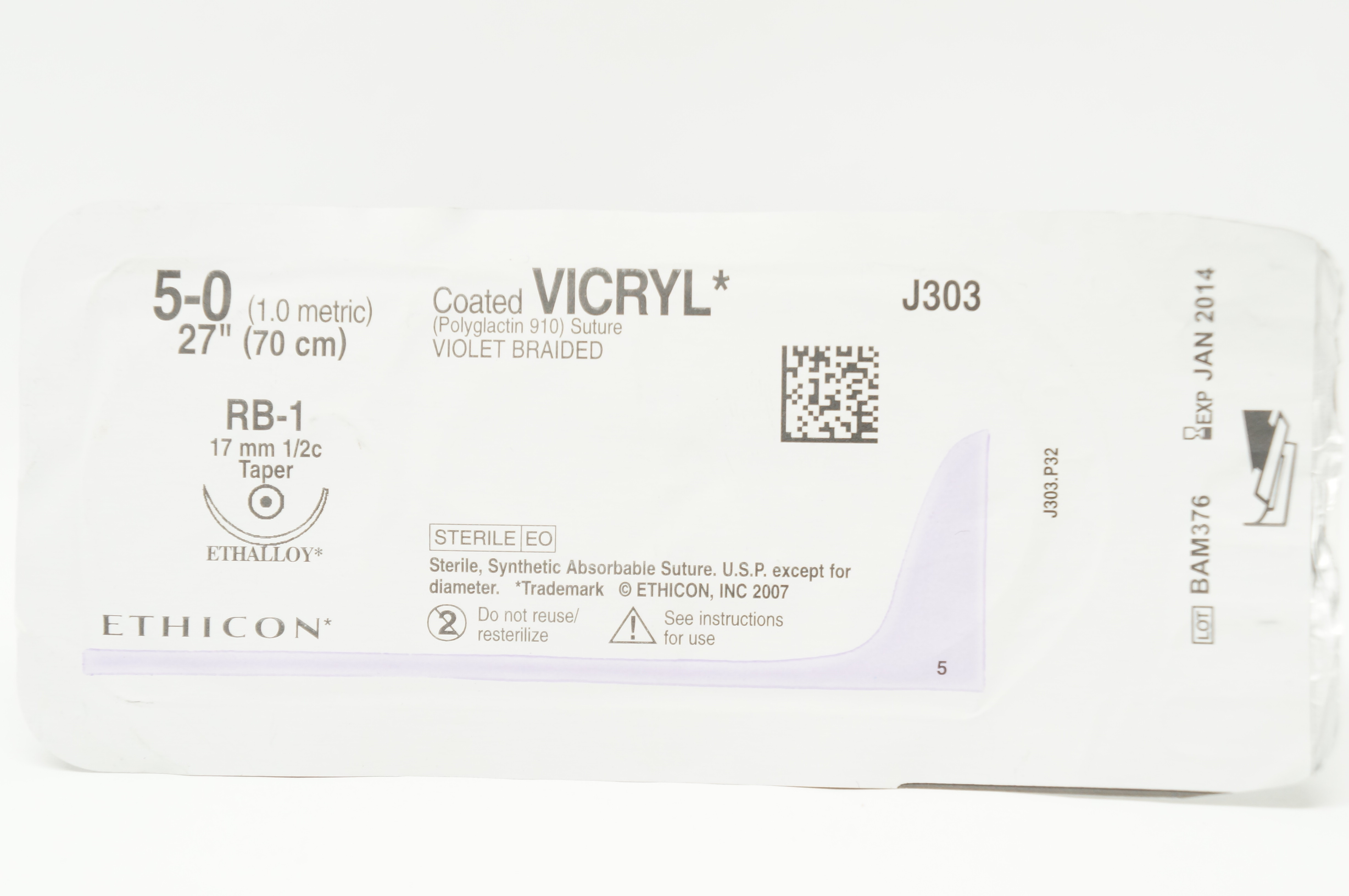 Ethicon J303 5-0 Coated VICRYL Polyglactin 910 Stre RB-1 17mm 1/2c Taper, 27inch