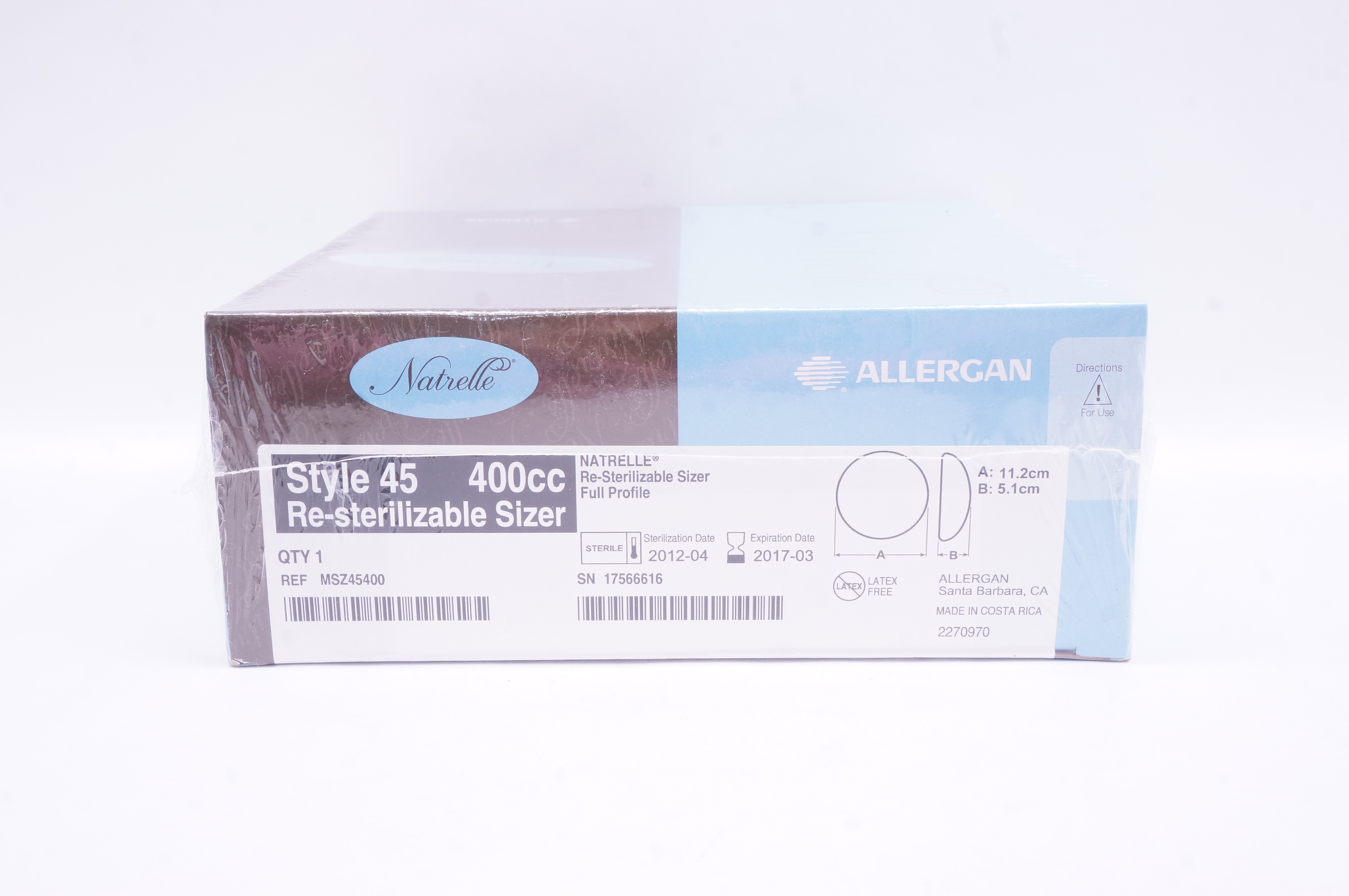 Allergan MSZ45400 Style 45 NATRELLE Re-Sterilizable Sizer 400cc 11.2cm x 5.1cm(x)