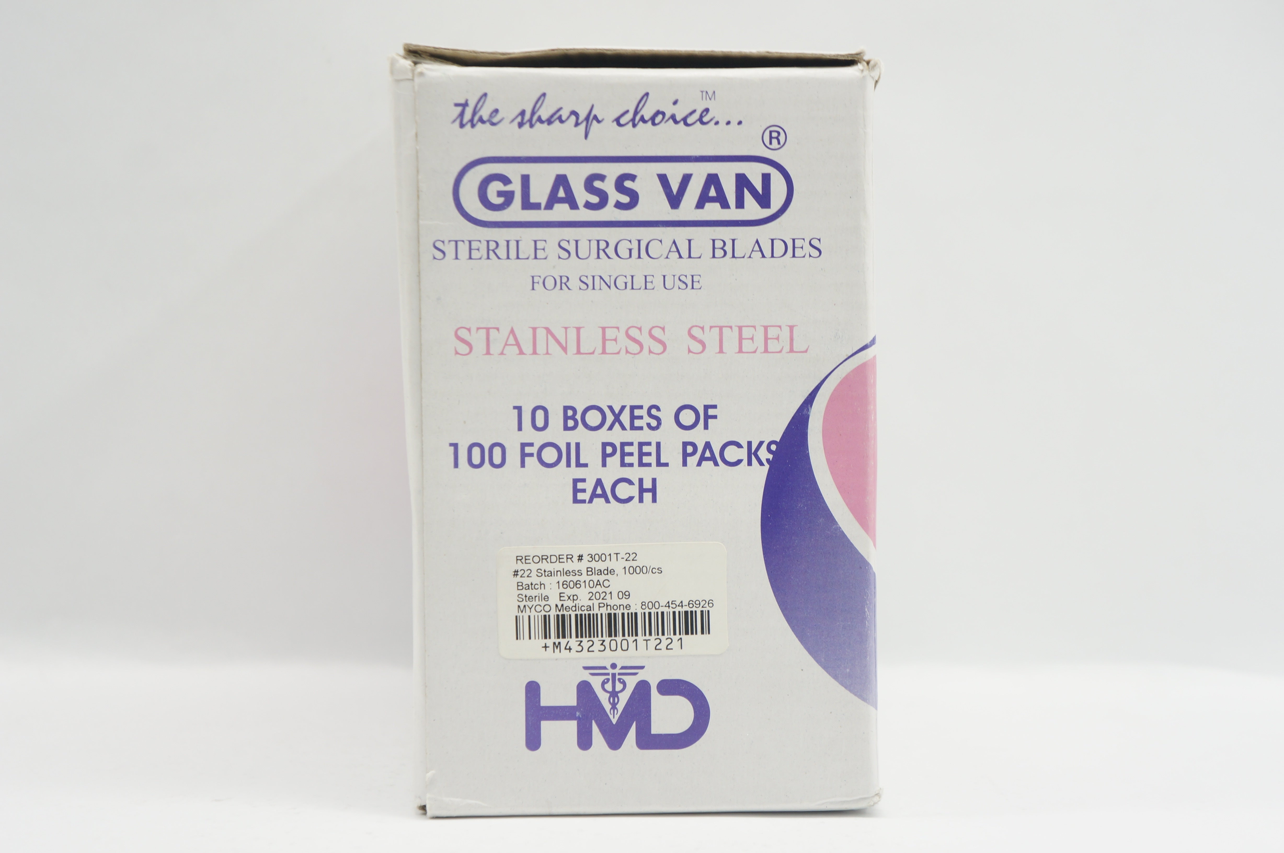 Myco Medical 3001T-22 Glass Van #22 S/S Surgical Blades (x) - Box of 9 packs of 100