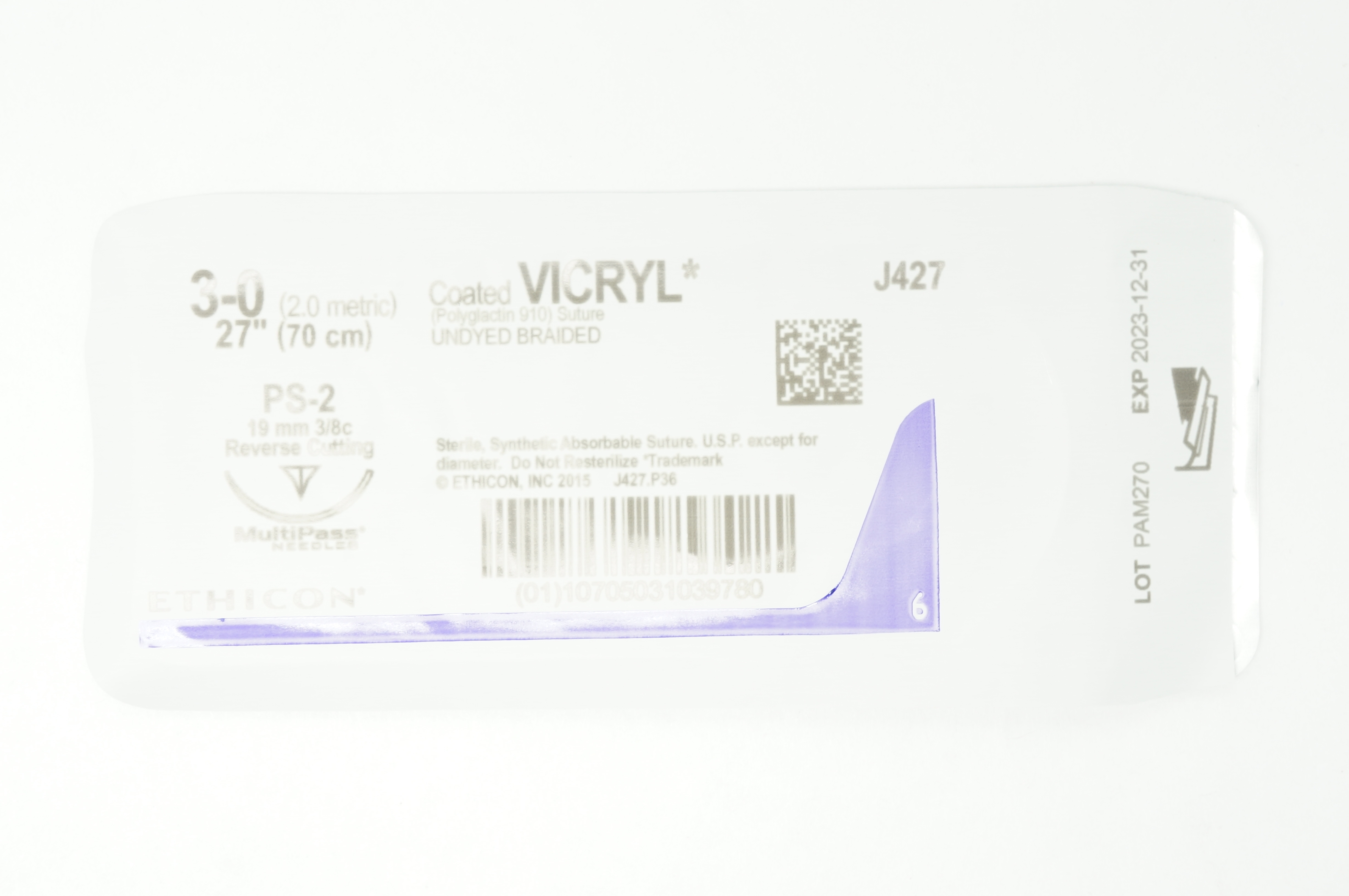 Ethicon J427 3-0 VICRYL PS-2, 19mm 3/8c Reverse Cutting, 27 inch