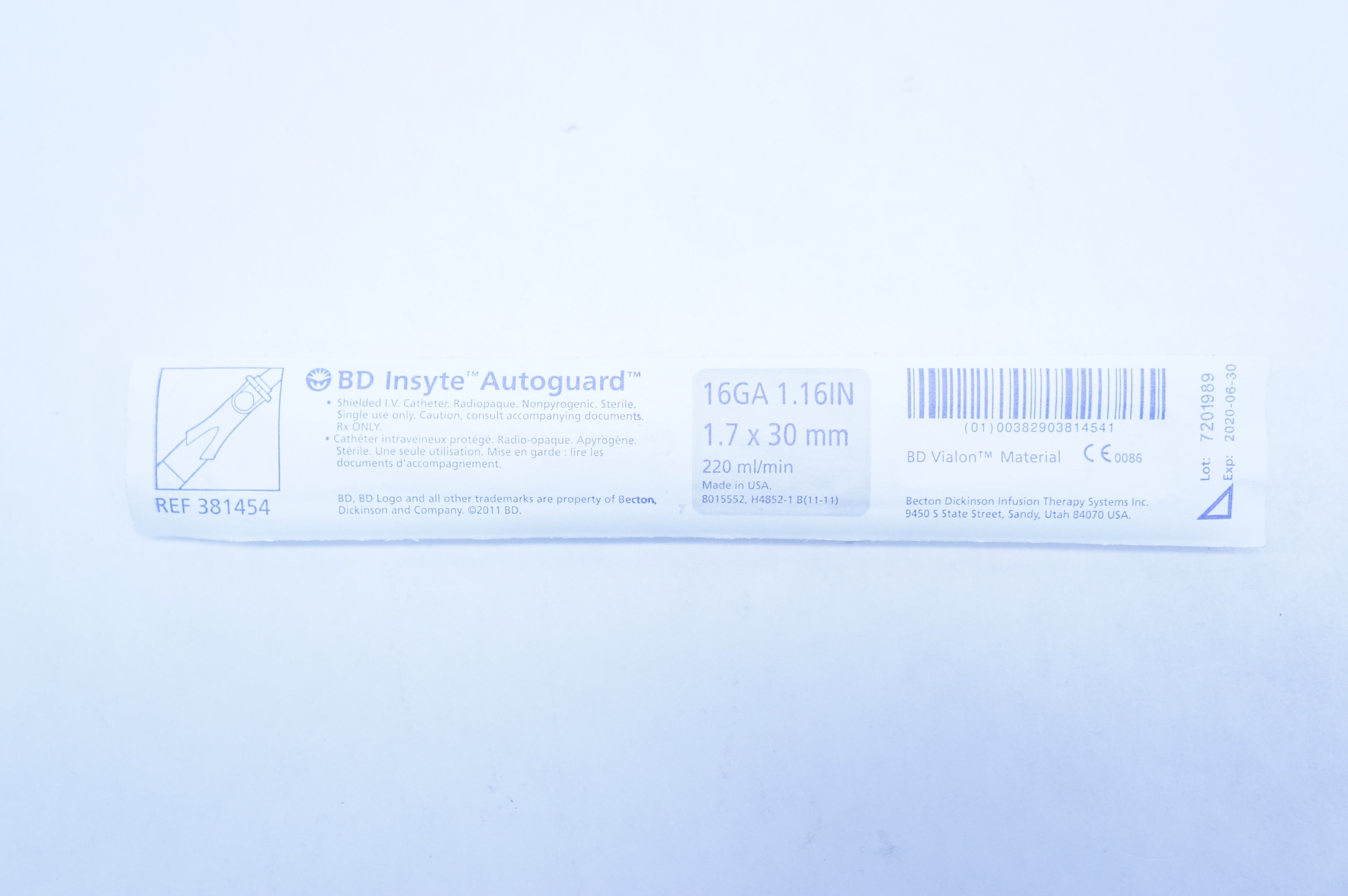 BD 381454 Insyte Autoguard Shielded I.V. Cath. 16Ga. x 1.16inch, 220ml/min (x)