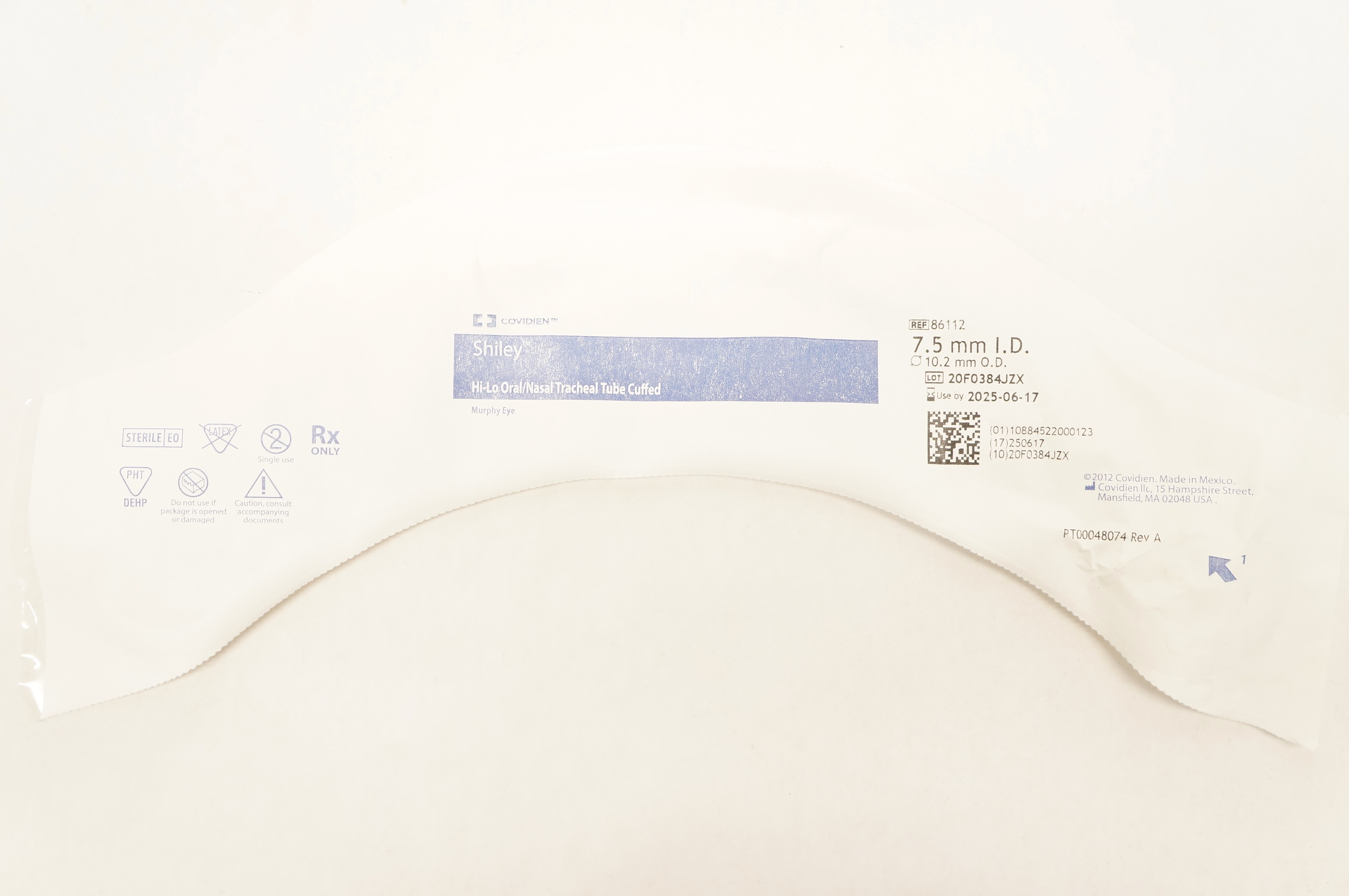 Covidien 86112 Shiley Hi-Lo Oral/Nasal Tracheal Tube Cuffed 7.5mm ID x 10.2mm OD