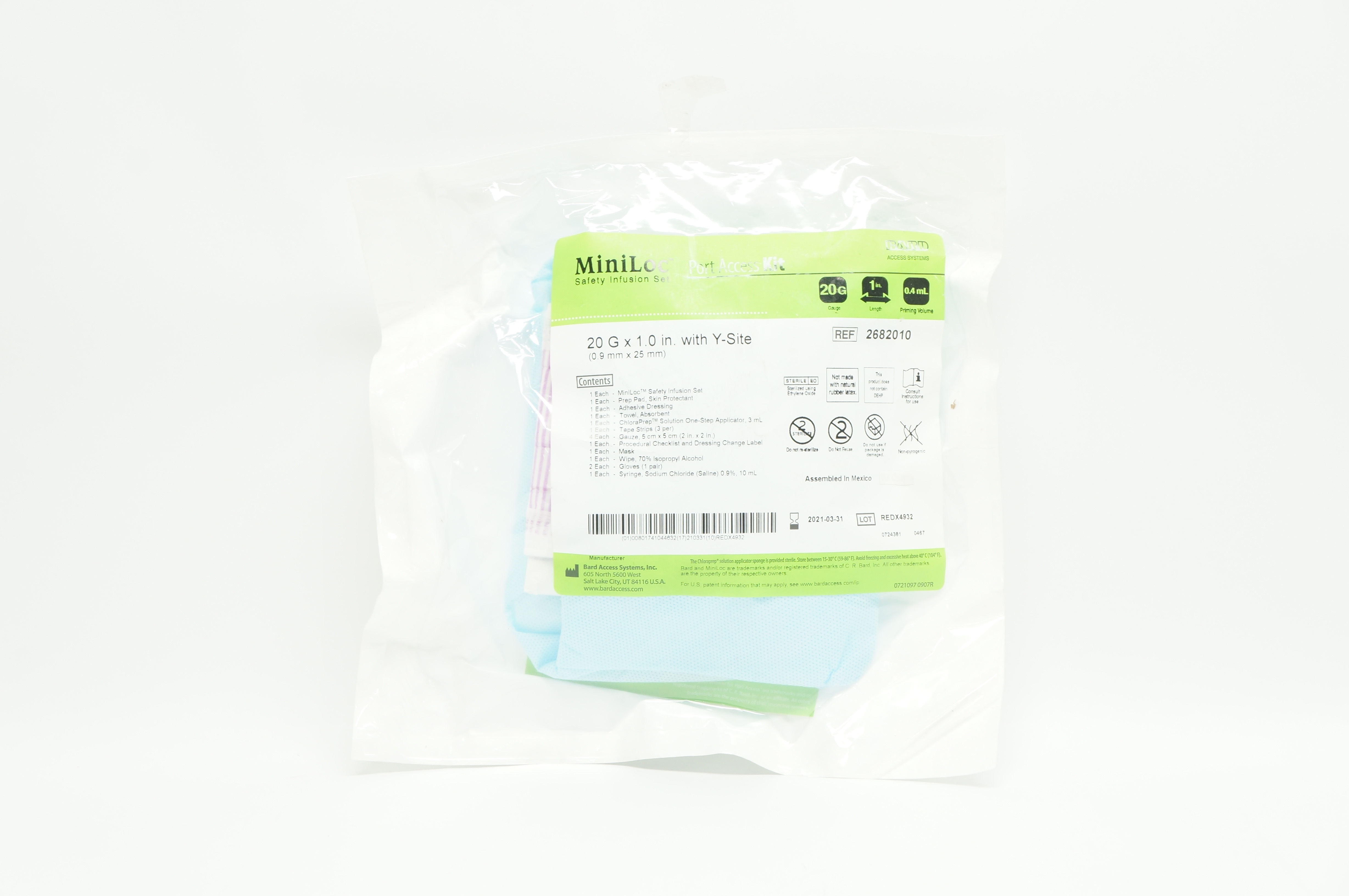 Bard 2682010 MiniLoc Safety Infusion Set Port Access Kit w/Y-Site 20Gx1.0inch(x)