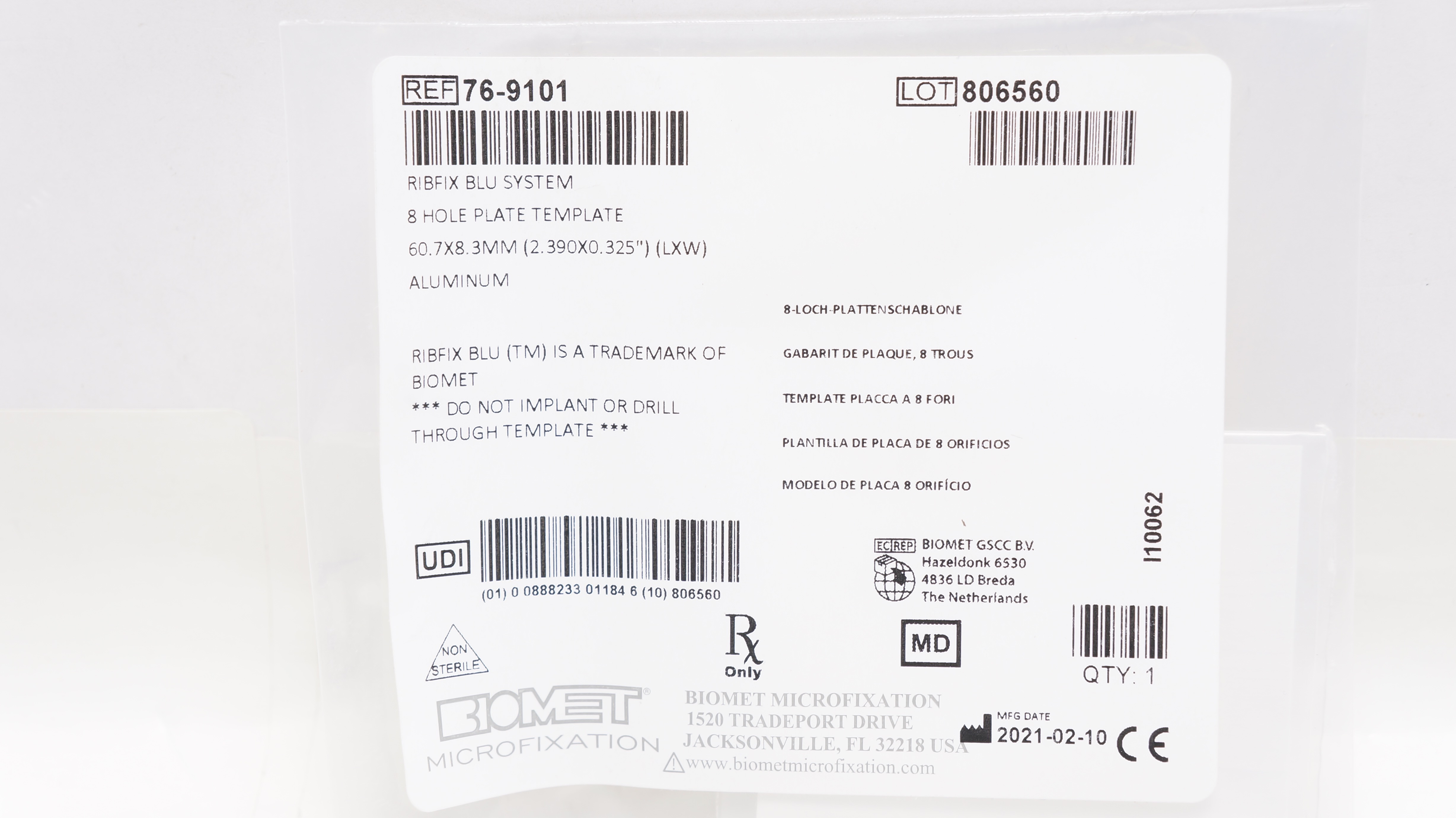 Biomet 76-9101 Ribfix Blu System Aluminium 8Hole Plate Template 2.390 x ...